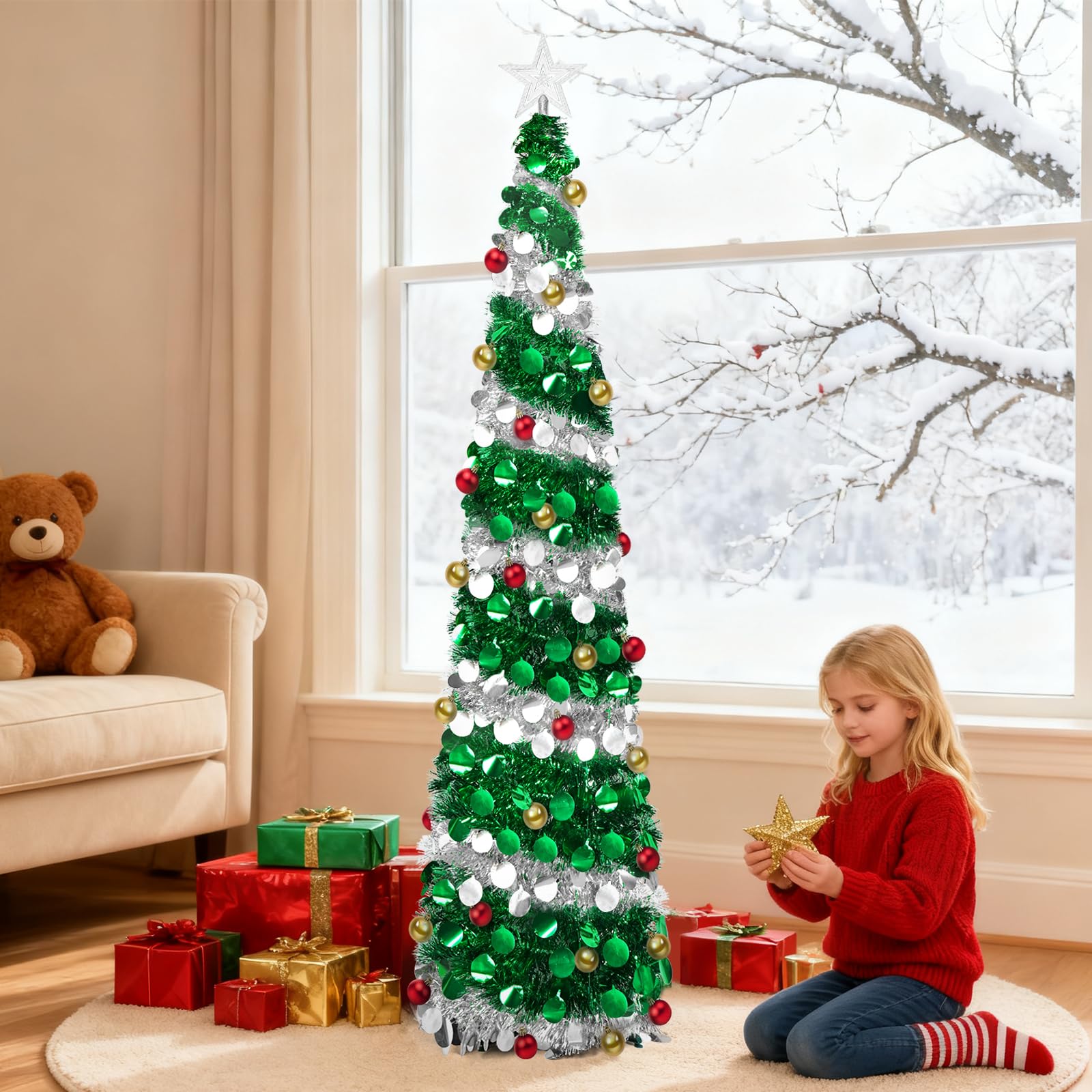 Sapin de Noël Artificiel Pliable de 180 cm | avec boules d'étoiles et support,pour décoration de Noël, vert + argent, décoration de maison, bureau