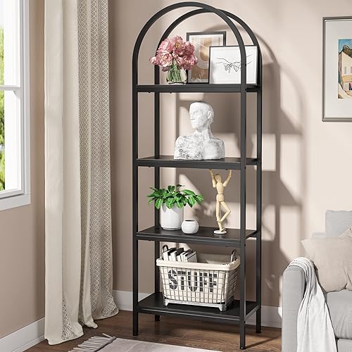 Miniatura 5 de LITTLE TREE Estantería arqueada de 4 niveles, estantes de almacenamiento abiertos altos, estante de exhibición independiente de metal de madera para