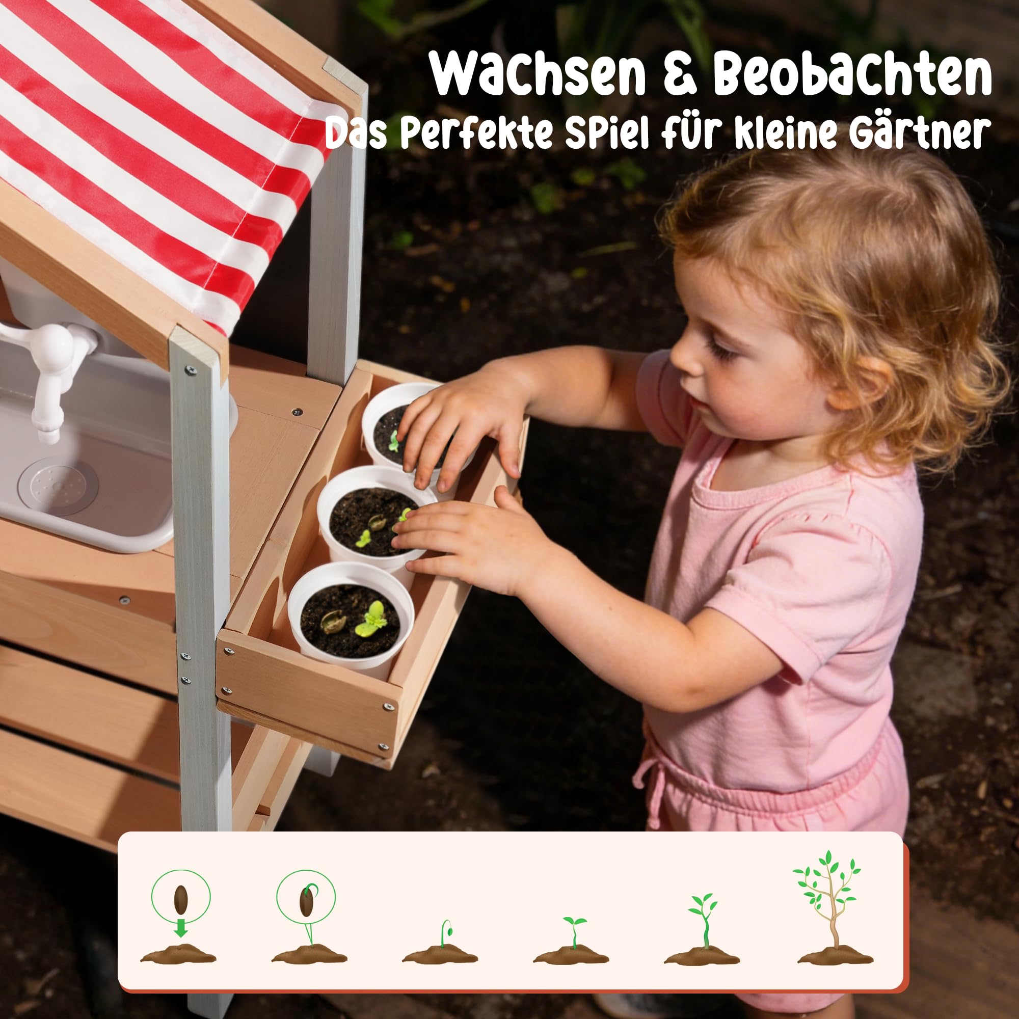 ROBUD Matschküche Outdoor Holz mit Sonnendach, Spielküche Kinder Matschküche im Freien mit Pflanzkasten, Herd, Funktionierendem Wassertank, Wasserhahn & Spüle, Tafel, Spielküche Kinder ab 3 Jahren
