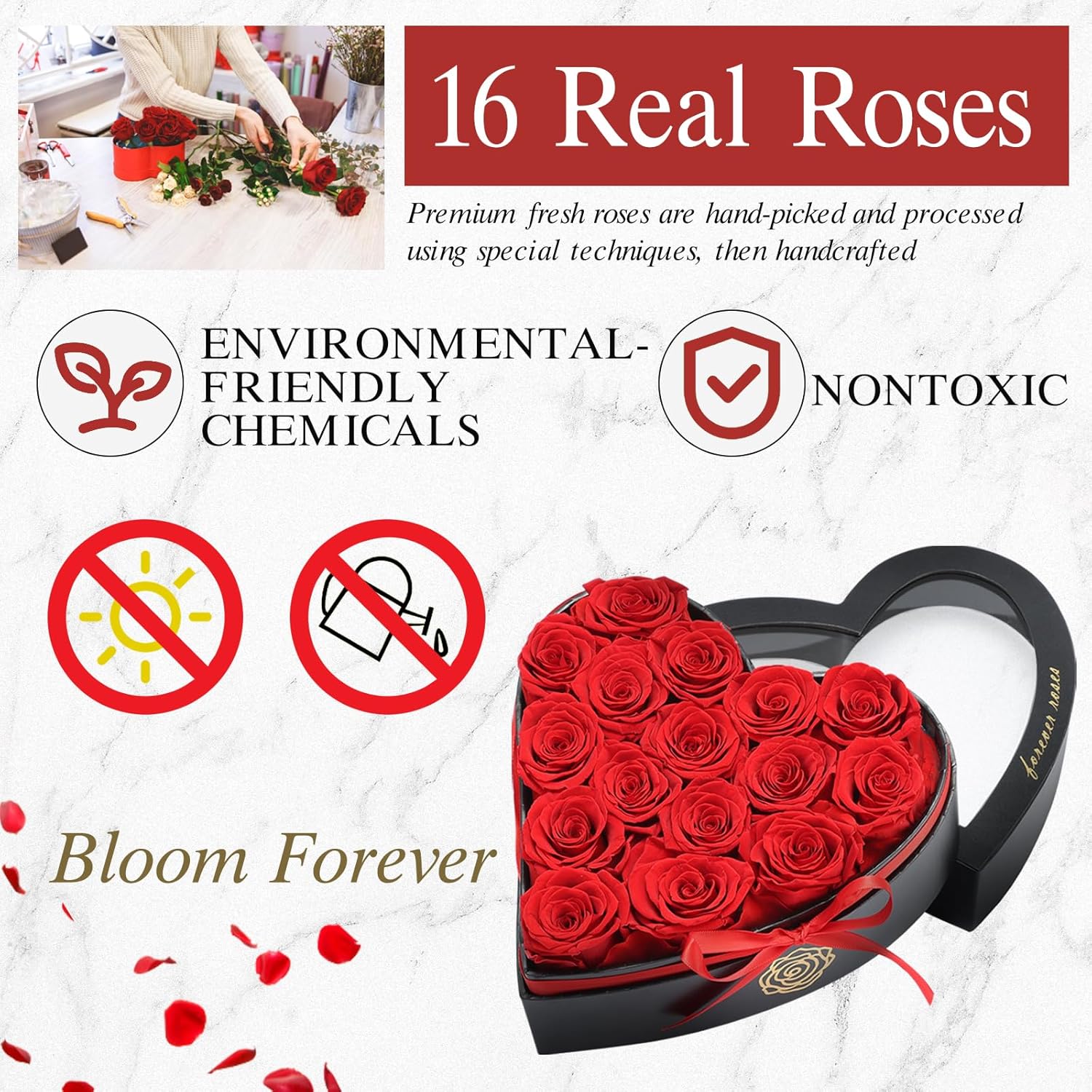 16 Forever Flowers in Heart Shaped Box - Preserved Roses Romantic Gifts for Her, Valentine’s Day, Anniversary, Wedding (Red) - Image 4