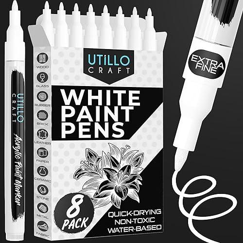 Utillo Craft White Paint Pen (8-Pack) for Rock Painting, Wood, Glass, Tire, Canvas, Metal, Fabric | Extra Fine 0.7mm Tip Made in Japan | Bold Color Acrylic White Paint Markers | Perfect Art DIY Gift - White - Extra Fine, 8-Pack