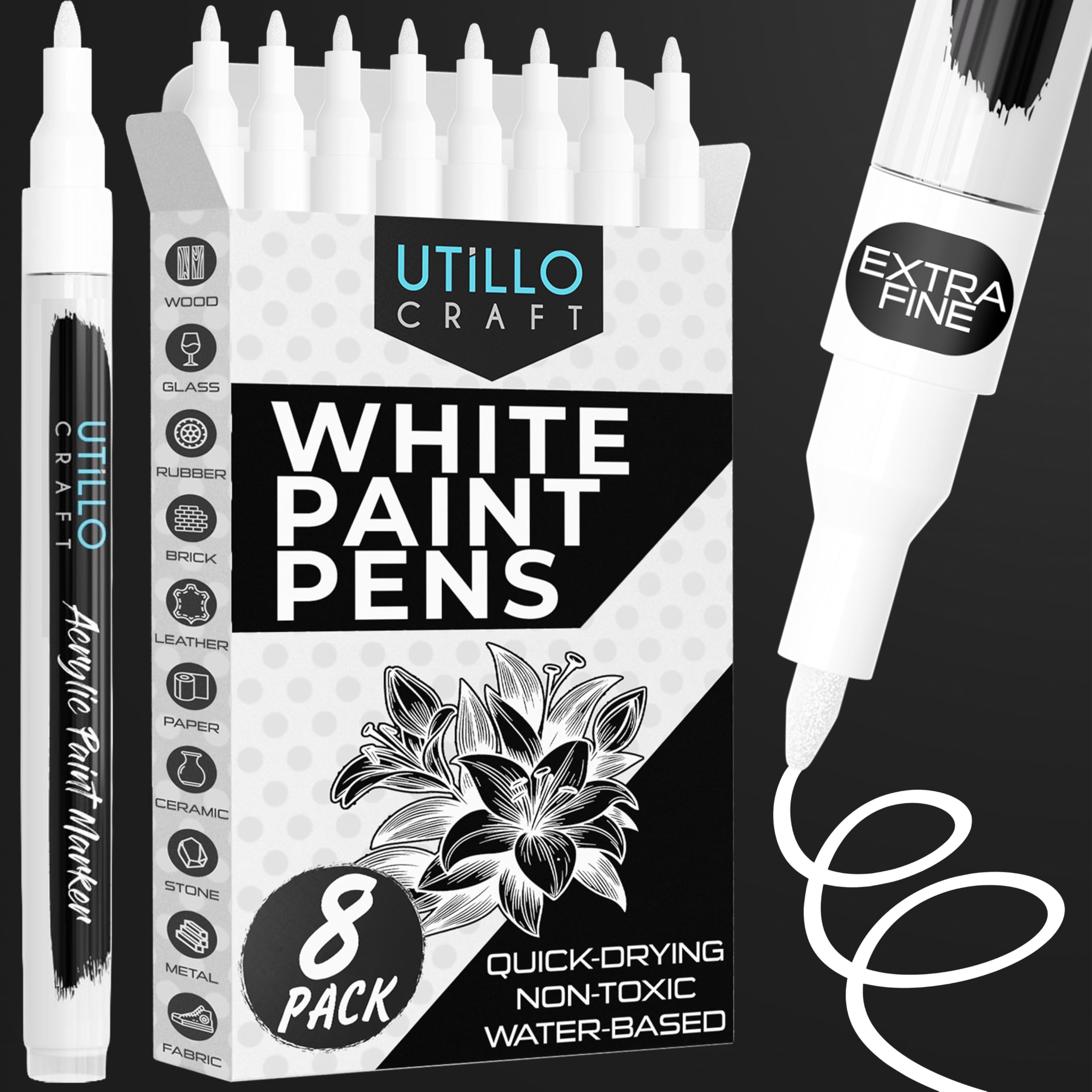 Utillo Craft White Paint Pen (8-Pack) for Rock Painting, Wood, Glass, Tire, Canvas, Metal, Fabric | Extra Fine 0.7mm Tip Made in Japan | Bold Color Acrylic White Paint Markers | Perfect Art DIY Gift