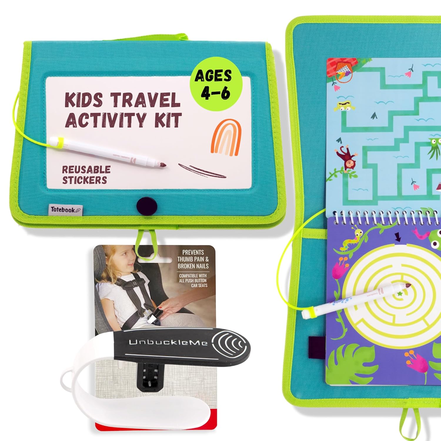 UnbuckleMe Car Seat Buckle Release Tool and Totebook Kids Dry Erase Activity Kit (Jungle Theme)
