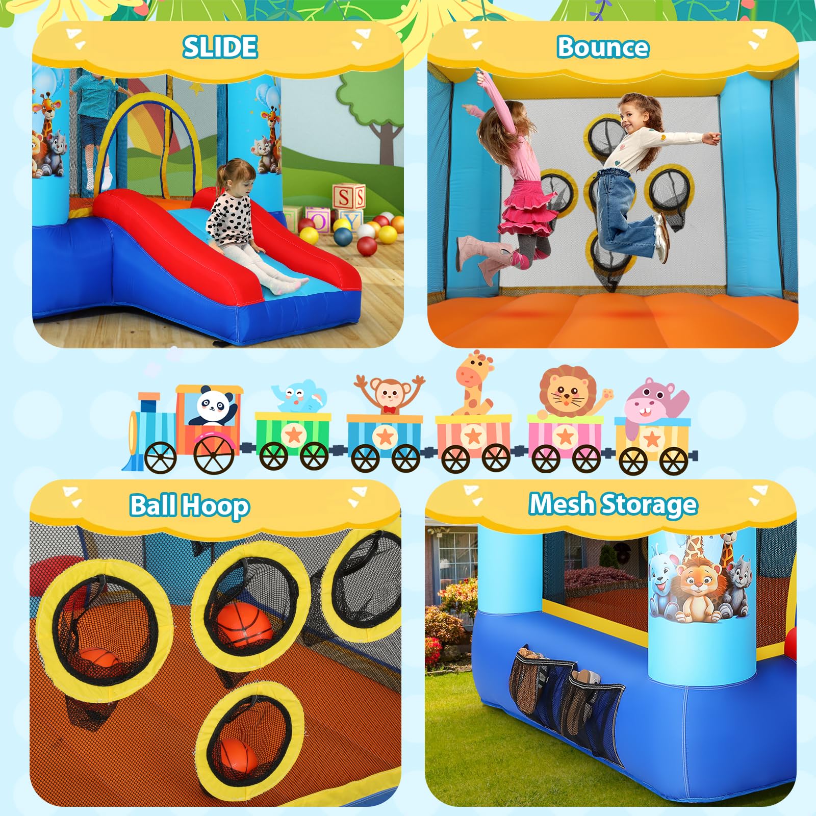 AKEYDIY Castello gonfiabile con scivolo, 270 x 210 x 180 cm, per bambini da 3 a 8 anni, design con animali della giungla, per interni ed esterni (blu)