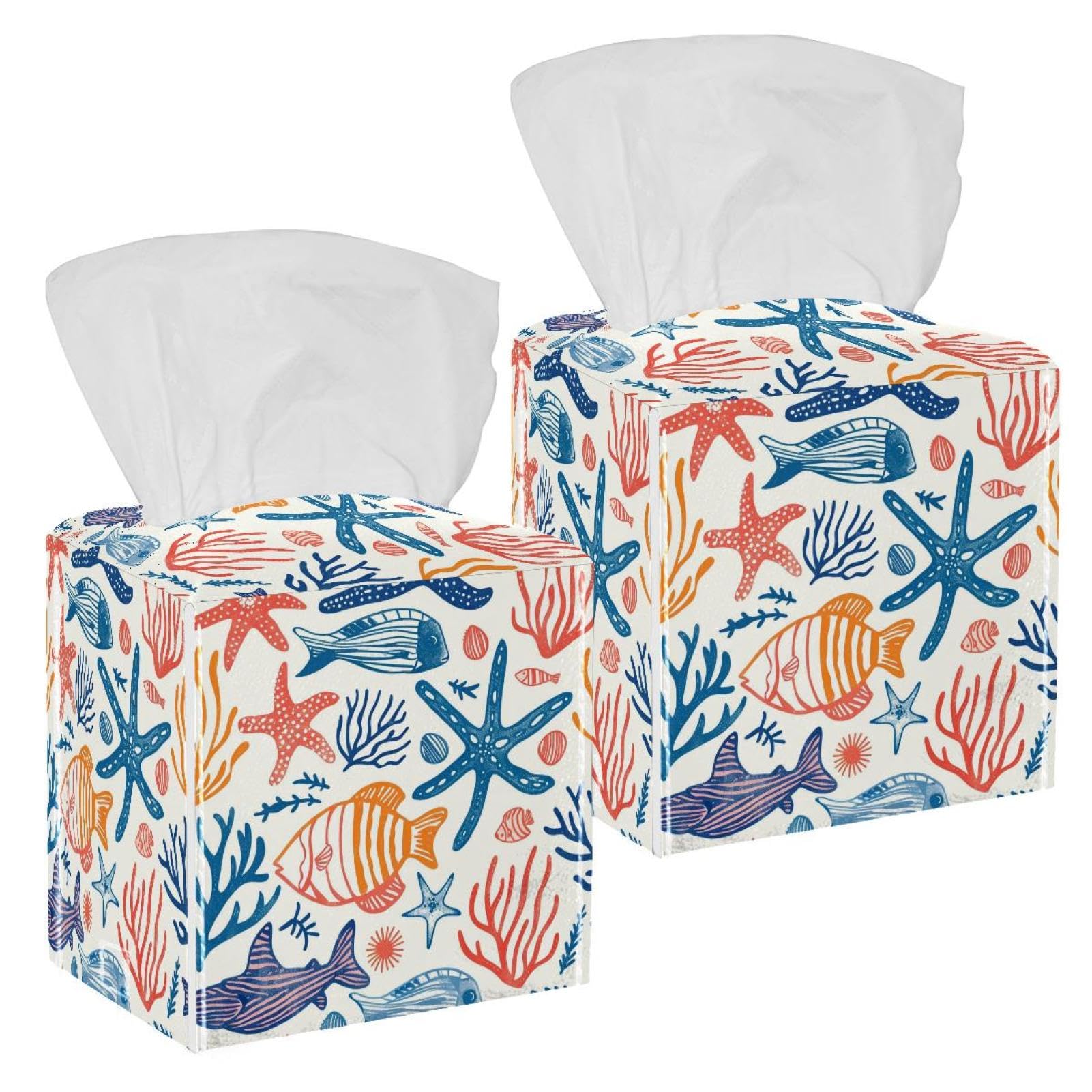 Fish Coral Starfish Tissue Box Cover, 2 Pack PU Leather Square Facial Tissue Dispenser Box holder for Home Office Car