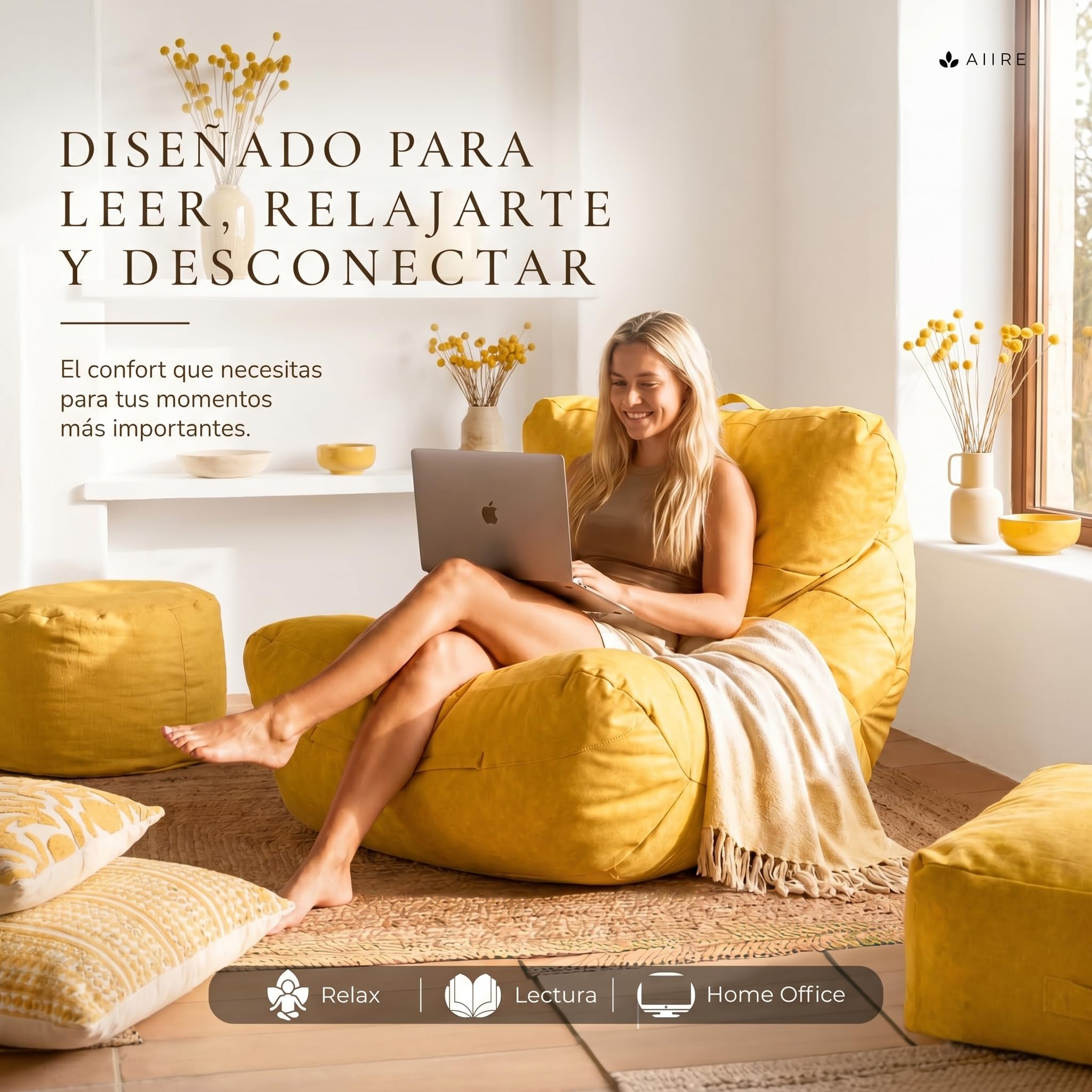 Aiire Puff Salón XXL de Diseño - Sillón Puf con Relleno Incluido para Adulto o Adolescente en Polipiel Premium - Bean Bag Chair Moderno para Dormitorio - Funda Desenfundable y Lavable