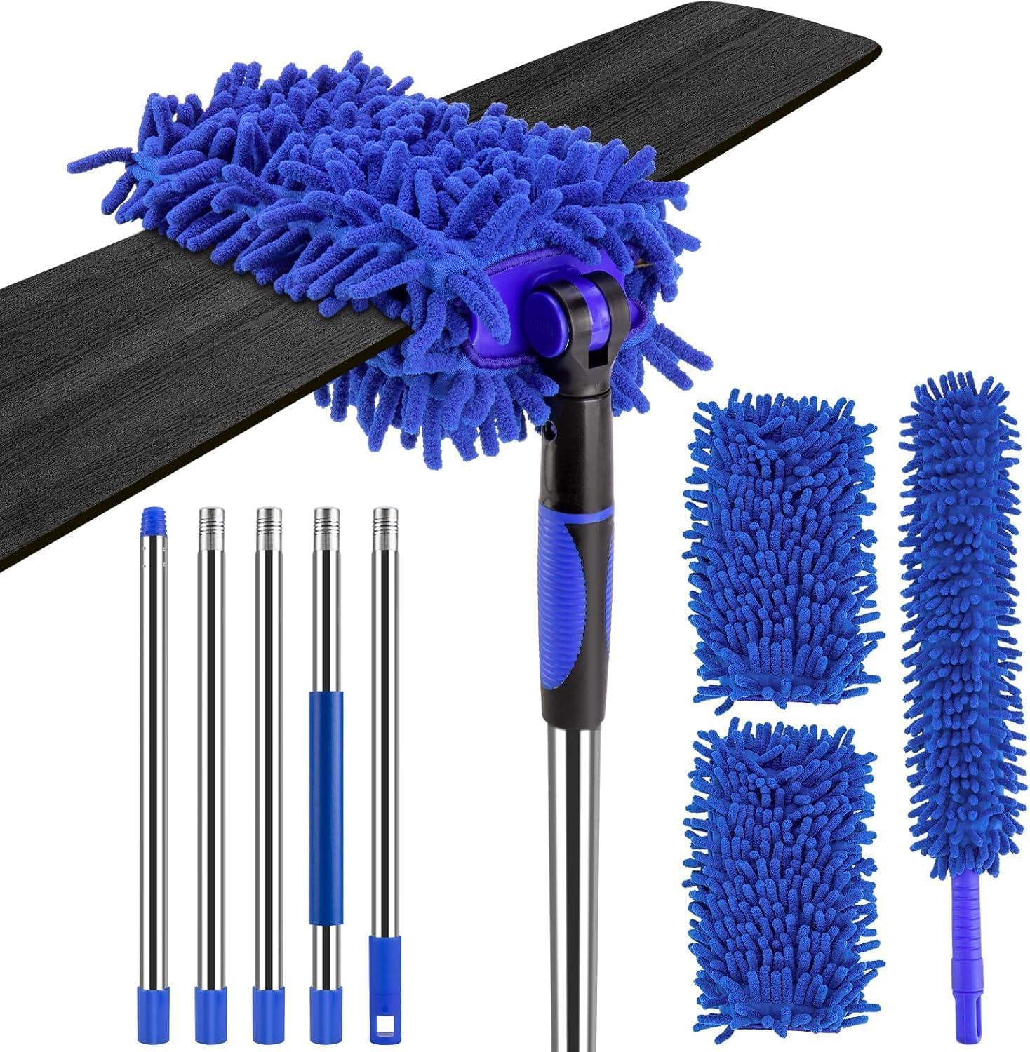 Nzwbshssp Blue Ceiling Fan Cleaner Duster With 80 Inch Extention Pole, Bendable And Washable Chenille Duster For Cleaning High Ceiling Fan Blades And Hard To Reach Areas