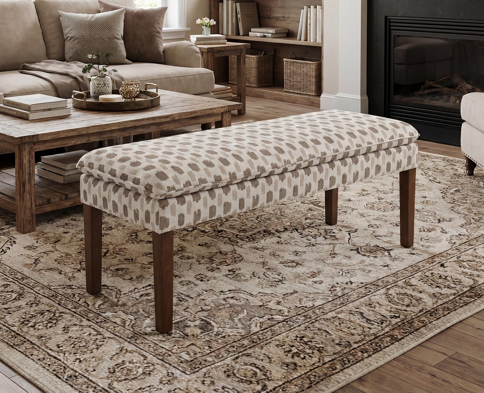 Banc Bout de Lit Bois Massif Banquette d'Entrée en Lin Banc Ottoman Vintage pour Entrée/Salon/Chambre, Kaki