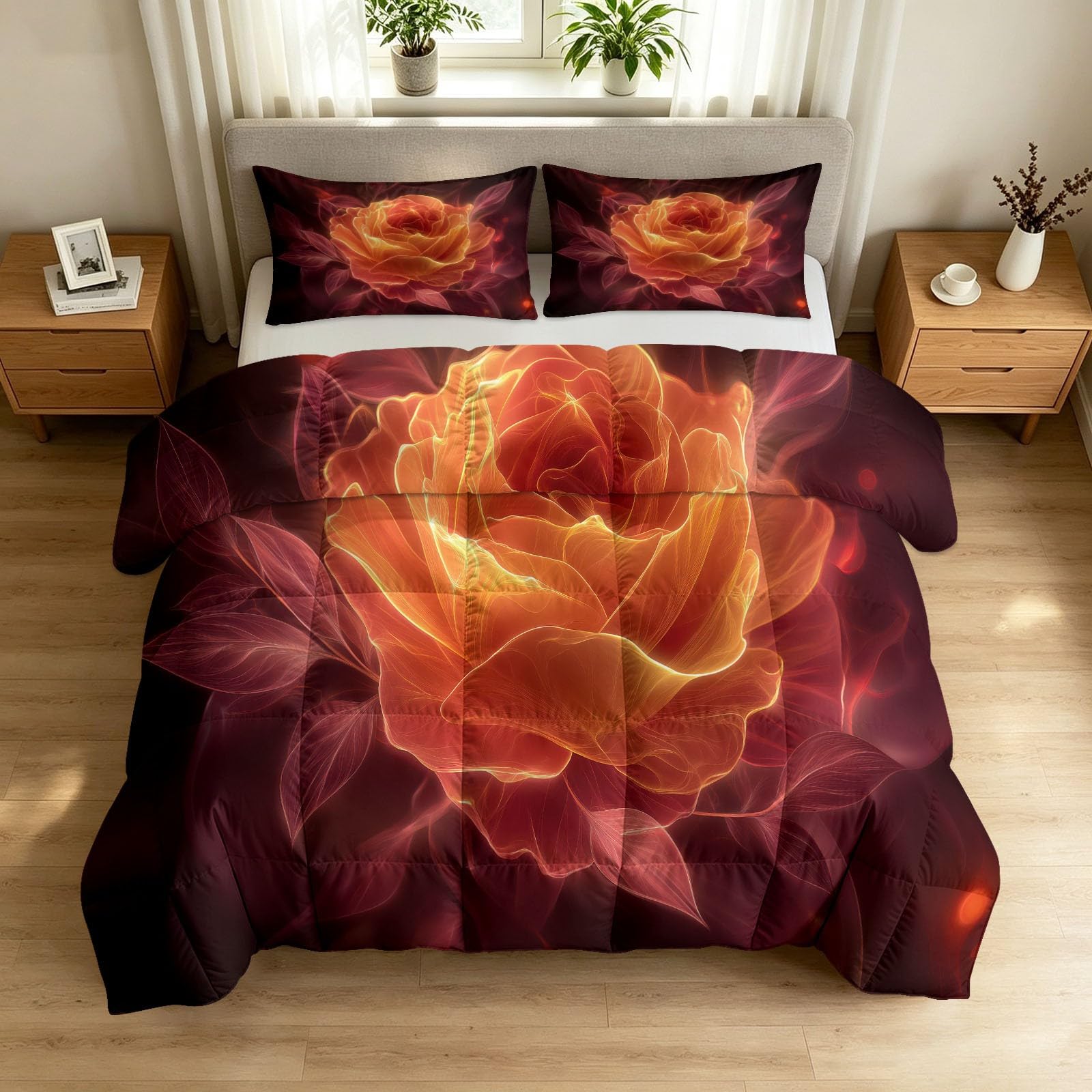 Edredón reversible doble rojo 200x200 cm lavable con juego de 3 piezas de flores