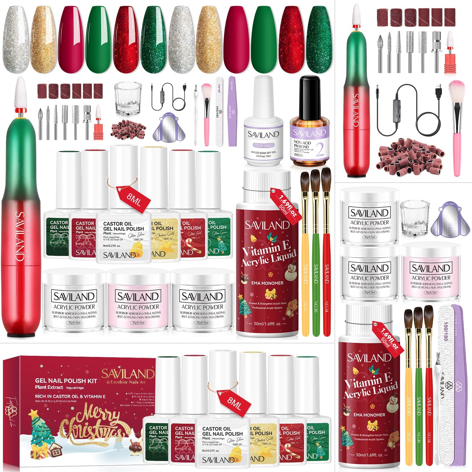 Saviland Christmas Acrylic Gel Nail Kit with Gel Nail Polish: 3 Colours Acrylic Powder 6 Christmas Colours Gel Polish Acrylic Liquid Nail Drill Nail Brush Nail Tools Nail Manicure Kit Christmas Gift