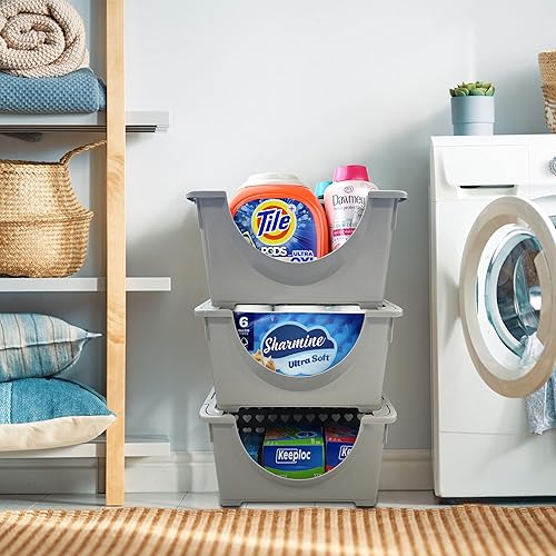 Miniatura 3 de Skywin Contenedores de almacenamiento apilables de plástico, color gris, paquete de 3 contenedores de almacenamiento frontales abiertos con diseño