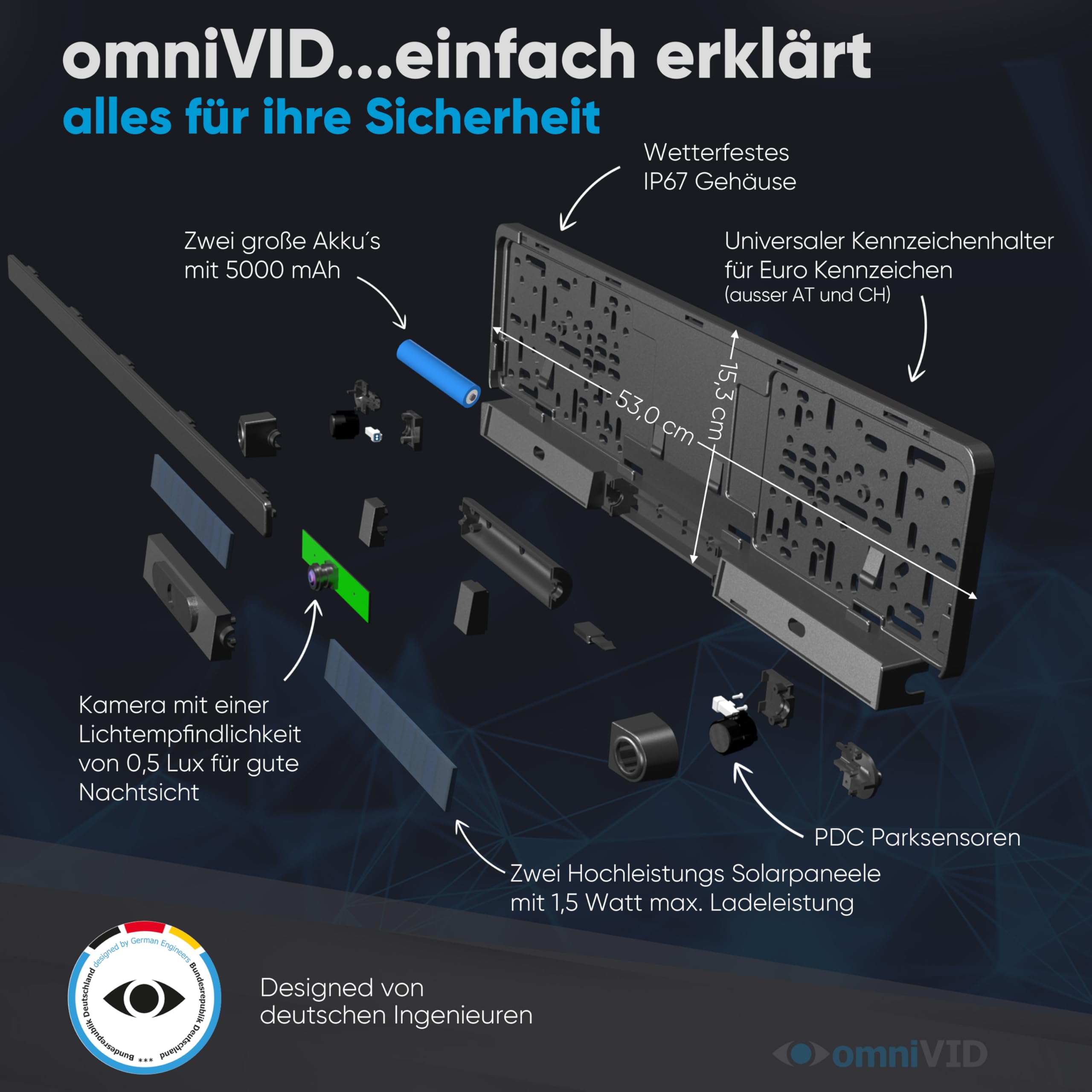 omniVID® Solar6 Premium Solar 5 Zoll Rückfahrkamera-System mit Parksensoren, Kabellos mit 5 Zoll Monitor u. solarbetriebender Kamera zum Nachrüsten mit PDC, Montage ohne Bohren, IP67 wasserdicht | Kabellos mit solarbetriebener Kamera und PDC, ohne Bohren