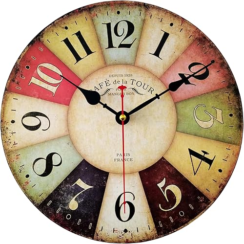 Reloj de pared de madera gruesa para cocina, estilo retro de granja para sala de estar, dormitorio, restaurante, funciona con pilas, colorido estilo