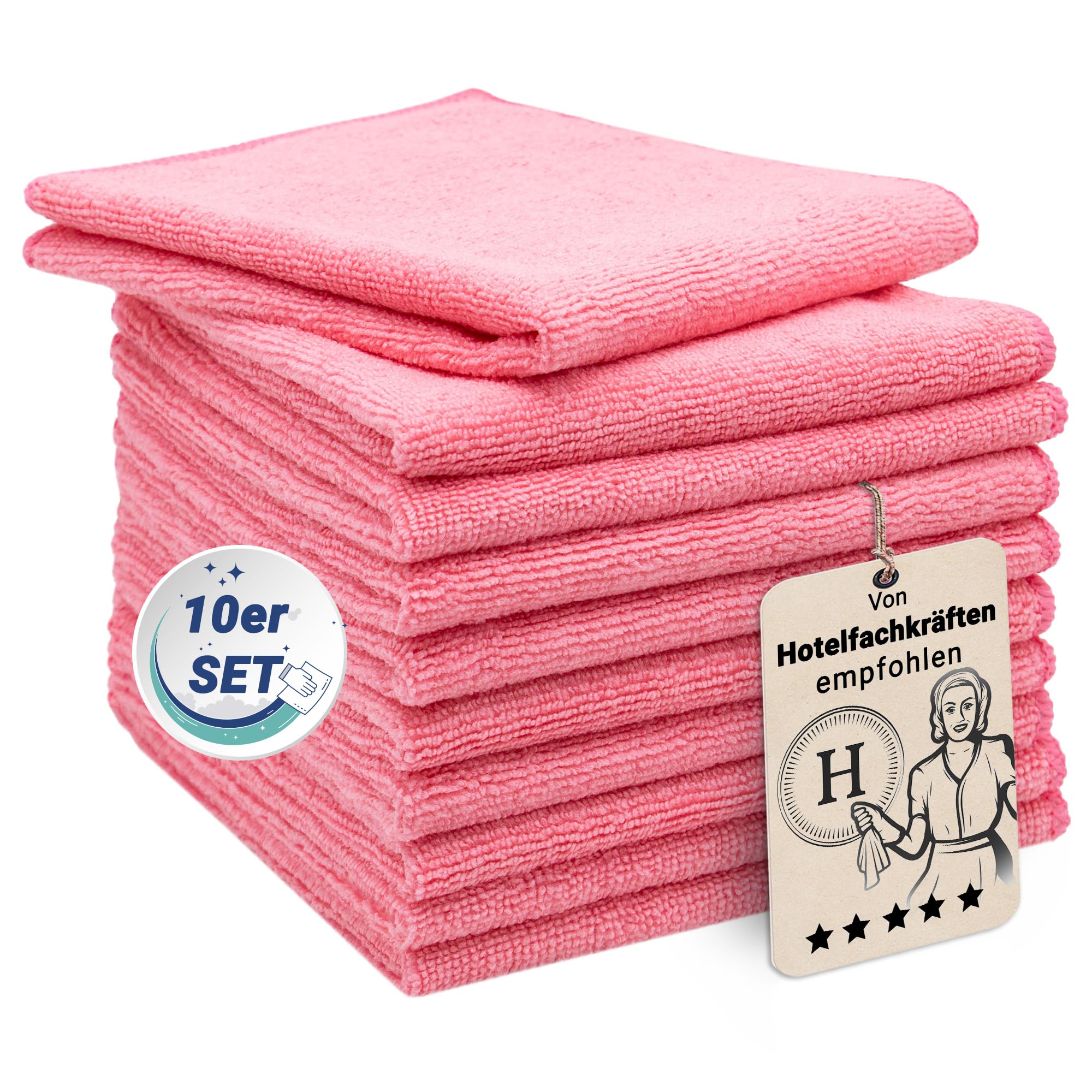 ZOLLNER 10er Set Mikrofasertücher für streifenfreien Glanz - flusenfreie und saugstarke Reinigungstücher - waschbar bis 60°C - 32x32cm in rosa - Hotelqualität