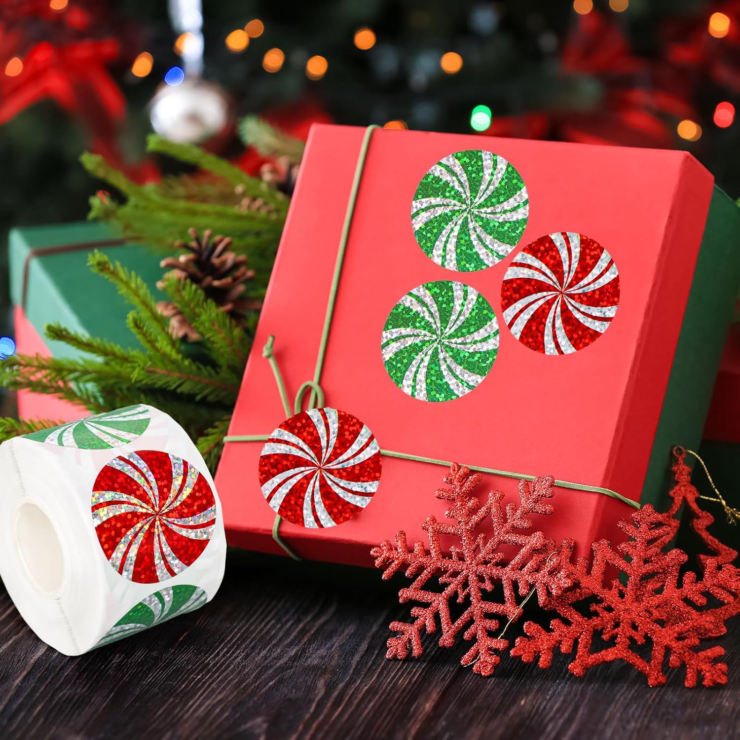 Whaline Christmas Candy Stickers Roll Peppermint Laser Seal Stickers Xmas Red Green Waterproof Self-Adhesive Decals for Envelope Journal Decor Party Supplies, 500Pcs - Image 4