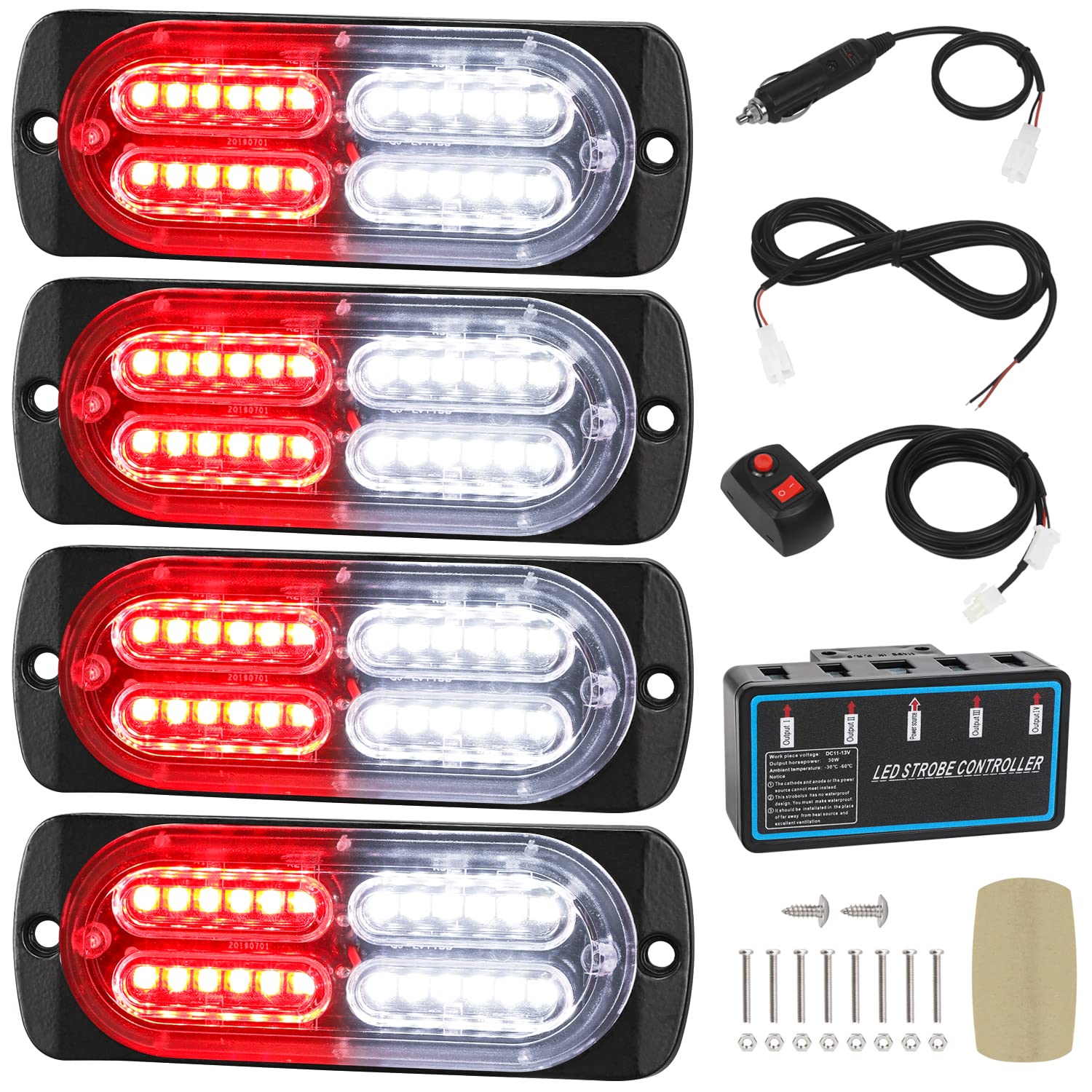 LINKITOM 4 luces estroboscópicas de advertencia de peligro de emergencia con 24 LED para montaje en superficie (rojo y blanco)