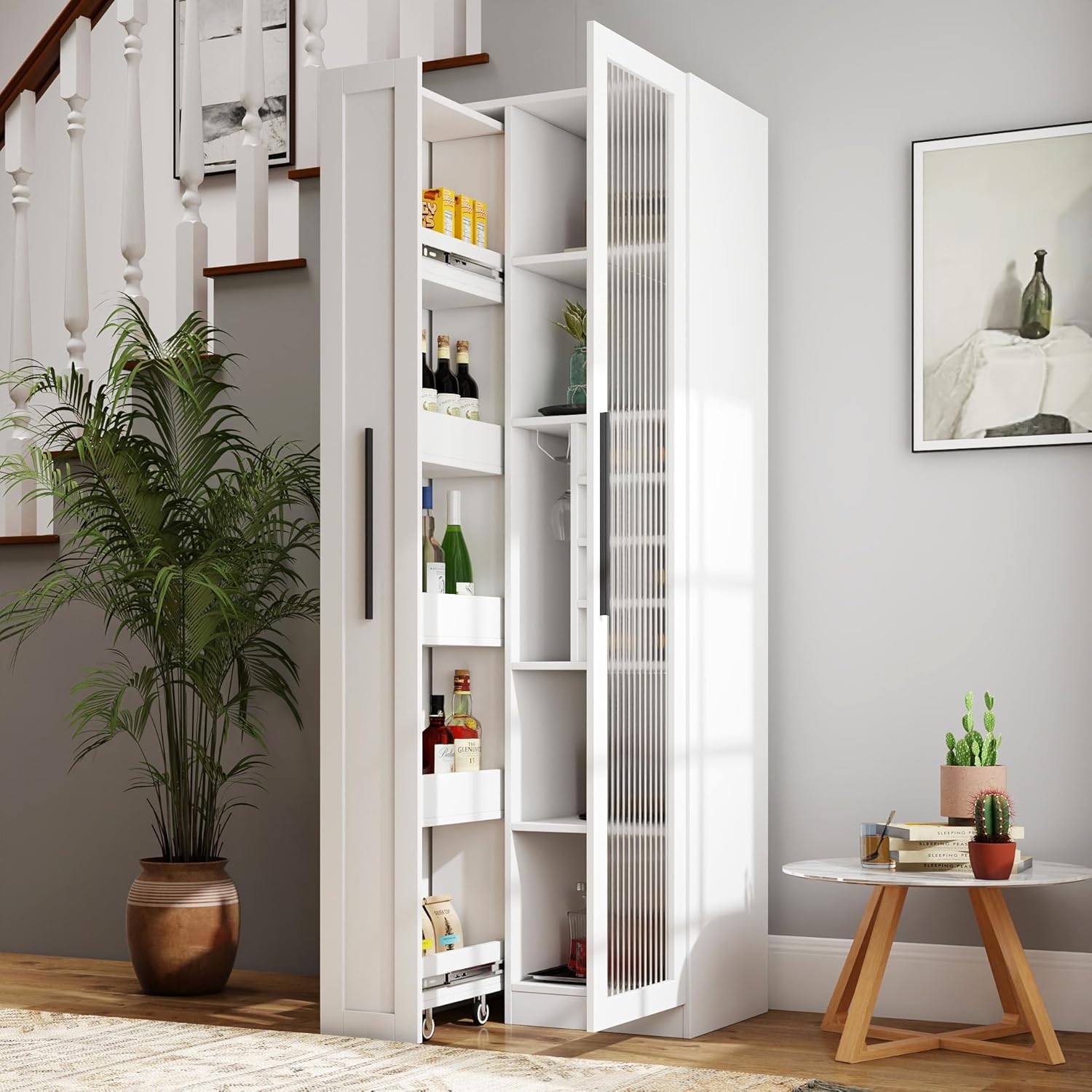 Pull-Out Kitchen Pantry Cabinet with Multi-Tier Shelves, Glass Doors & Spice Rack, Freestanding Wood Hutch Storage Cabinet Next to Refrigerator for Coffee Bar, Dining Room, Narrow Spaces