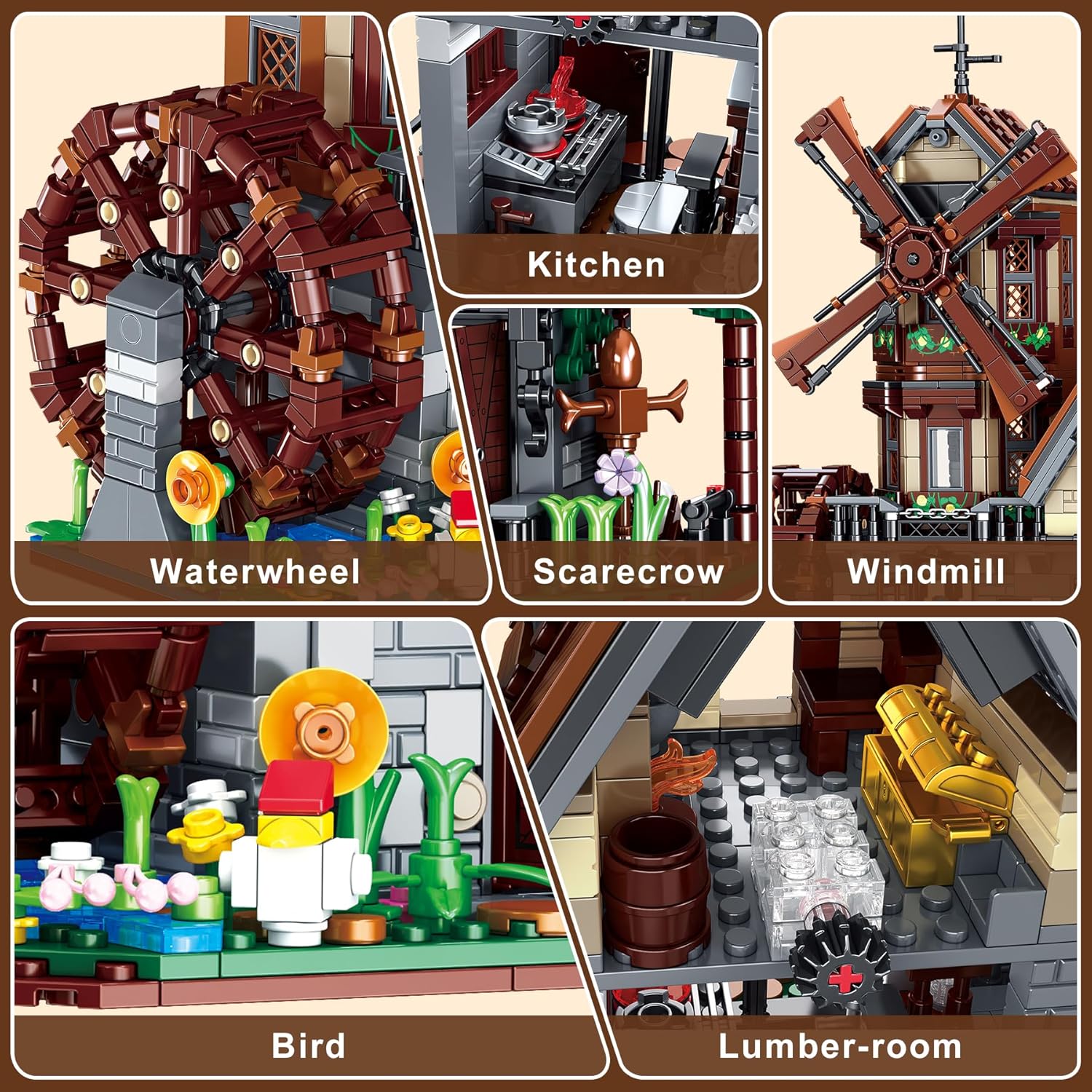 Medieval Wood Cabin Building Set with Light, Wooden Forest House Blocks Toy with Rotating Windmill Waterwheel Castle Architecture Modular Ideal Gift for Adults Teens 14+