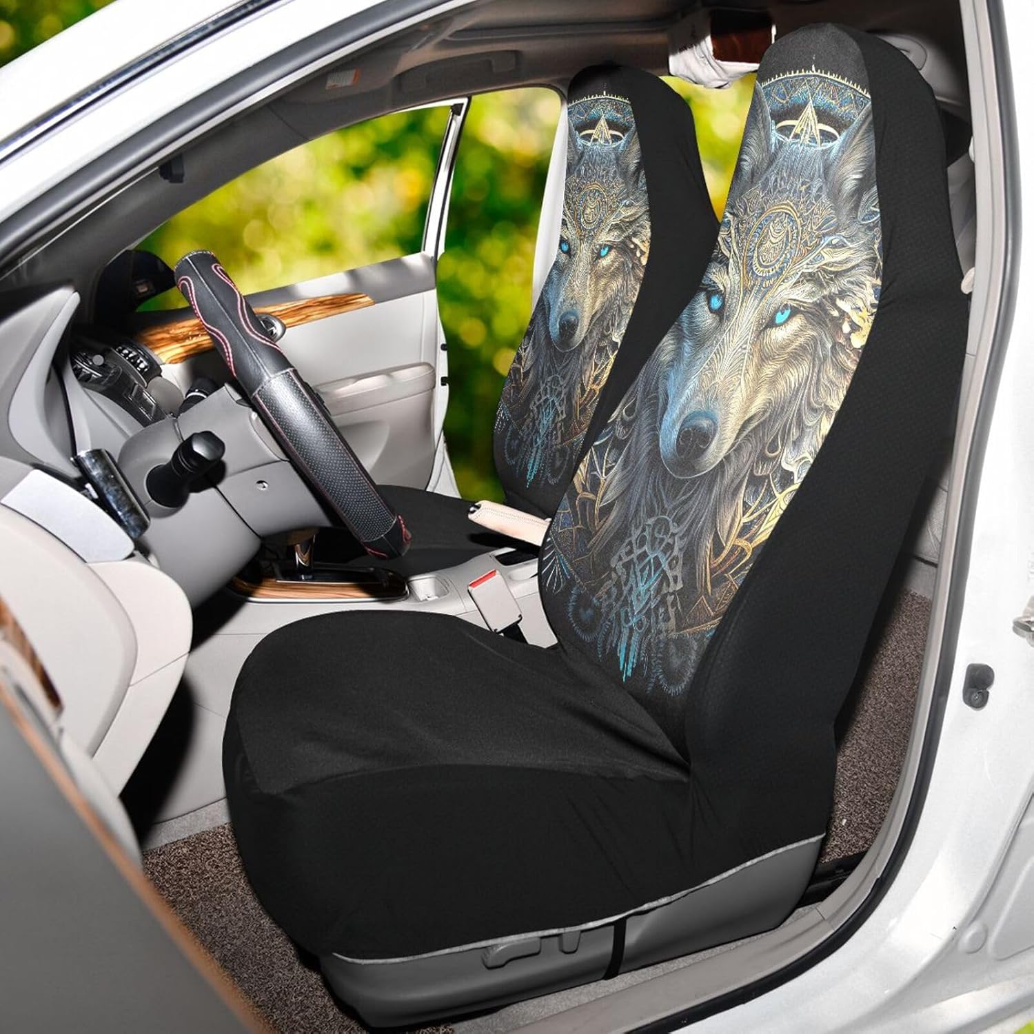Tribal Style Wolf Seat Covers for Car Trucks, Universal Fit Automotive Seat Protector with Back Pocket 1 Set