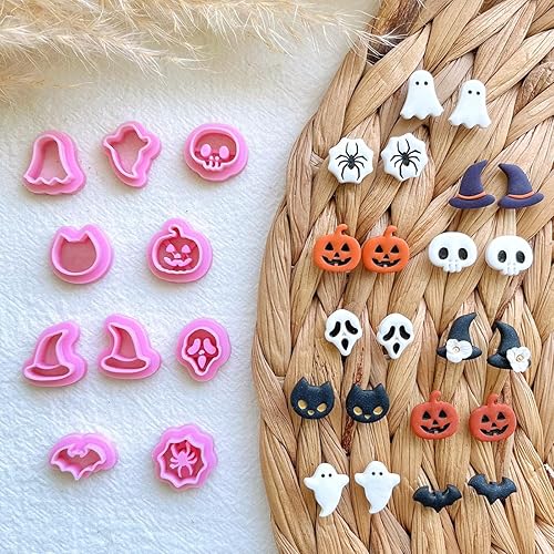 Miniatura 7 de KEOKER Cortadores de arcilla polimérica de Halloween, 10 formas para joyas, aretes, calabaza, tachuelas incluidas