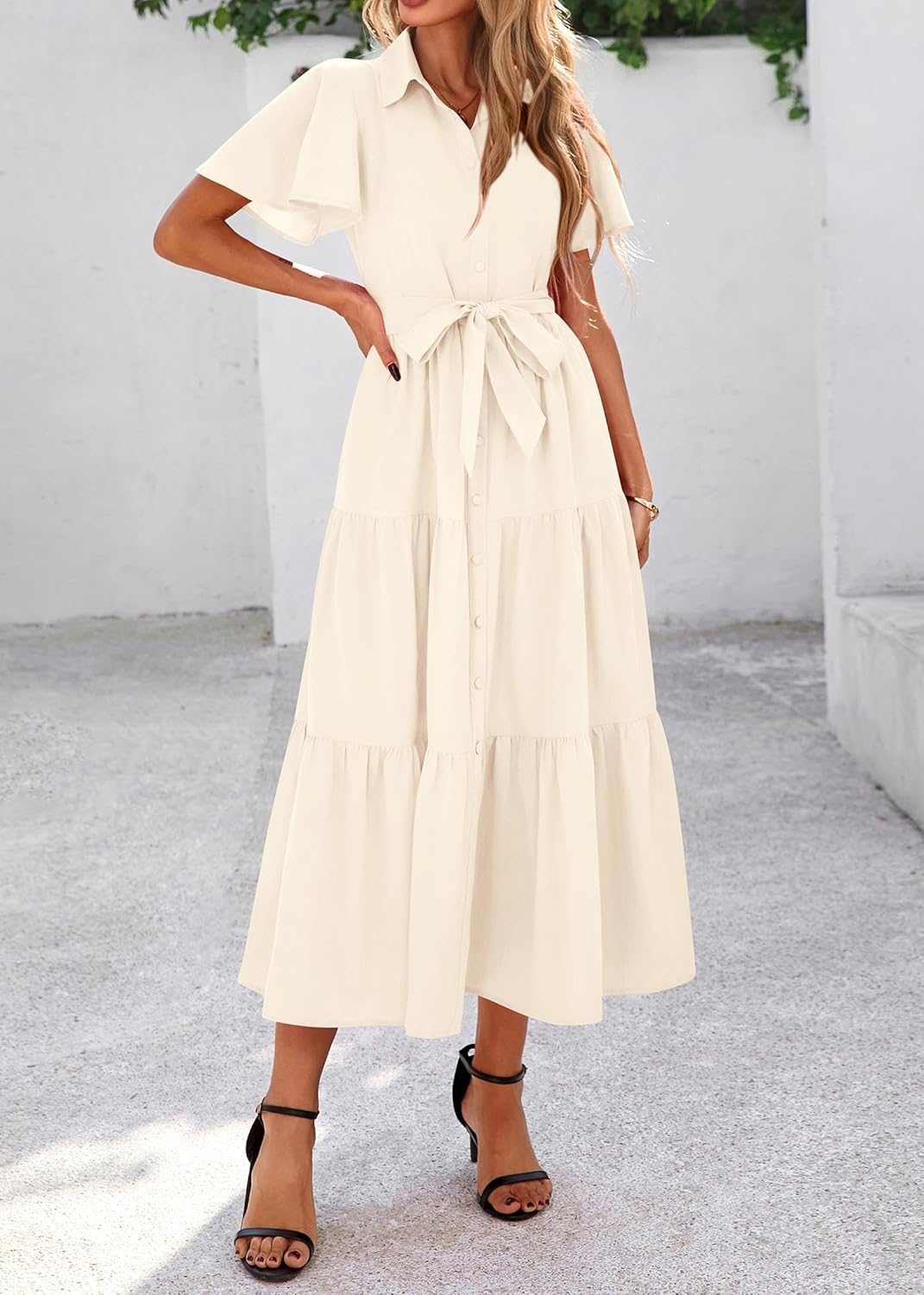 KIRUNDO Summer Button Down Wedding Guest Shirt Dresses for Women Maxi Flutter Short Sleeve Flowy Tiered Beach Sun Dress