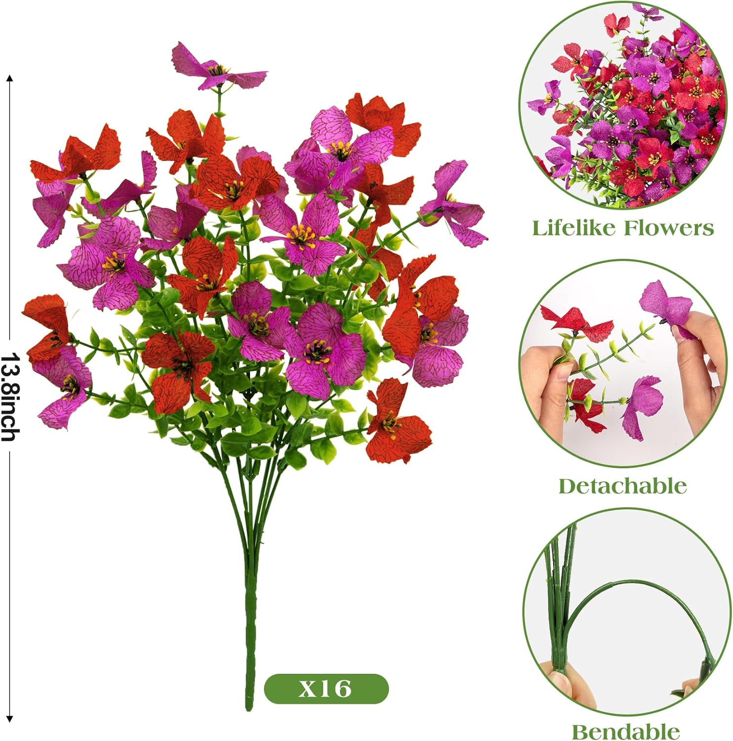 Ouddy Decor 16 Pcs Artificial Flowers for Outdoors Decorations Realistic Fake Silk Flowers Faux Plastic Plants for Spring Summer Garden Porch Window Vase Indoor Outdoor Home Decor, Purple & Red