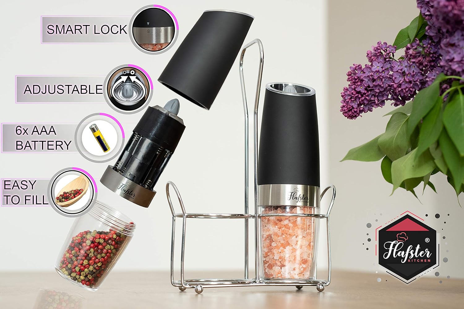 Flash Sale Gravity Electric Salt and Pepper Grinder Set - Electric Mills with Adjustable Coarseness - Automatic Salt and Pepper Grinders with White LED Light - Stainless Steel Battery Operated Grinders