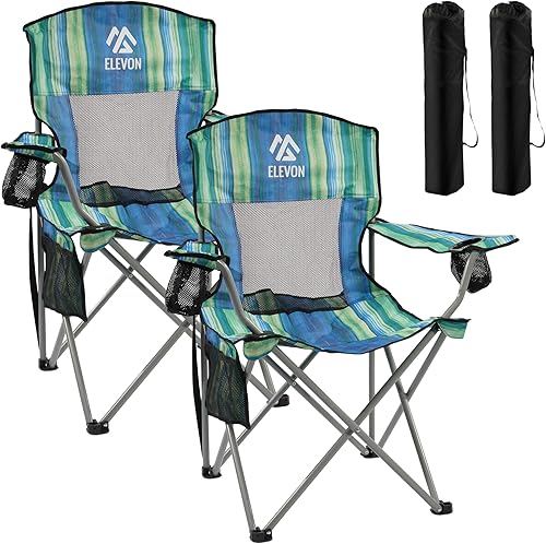 Vista 11 de Silla de camping Elevon, silla plegable portátil al aire libre con brazos, soporte para tazas y bolsa de transporte Verde