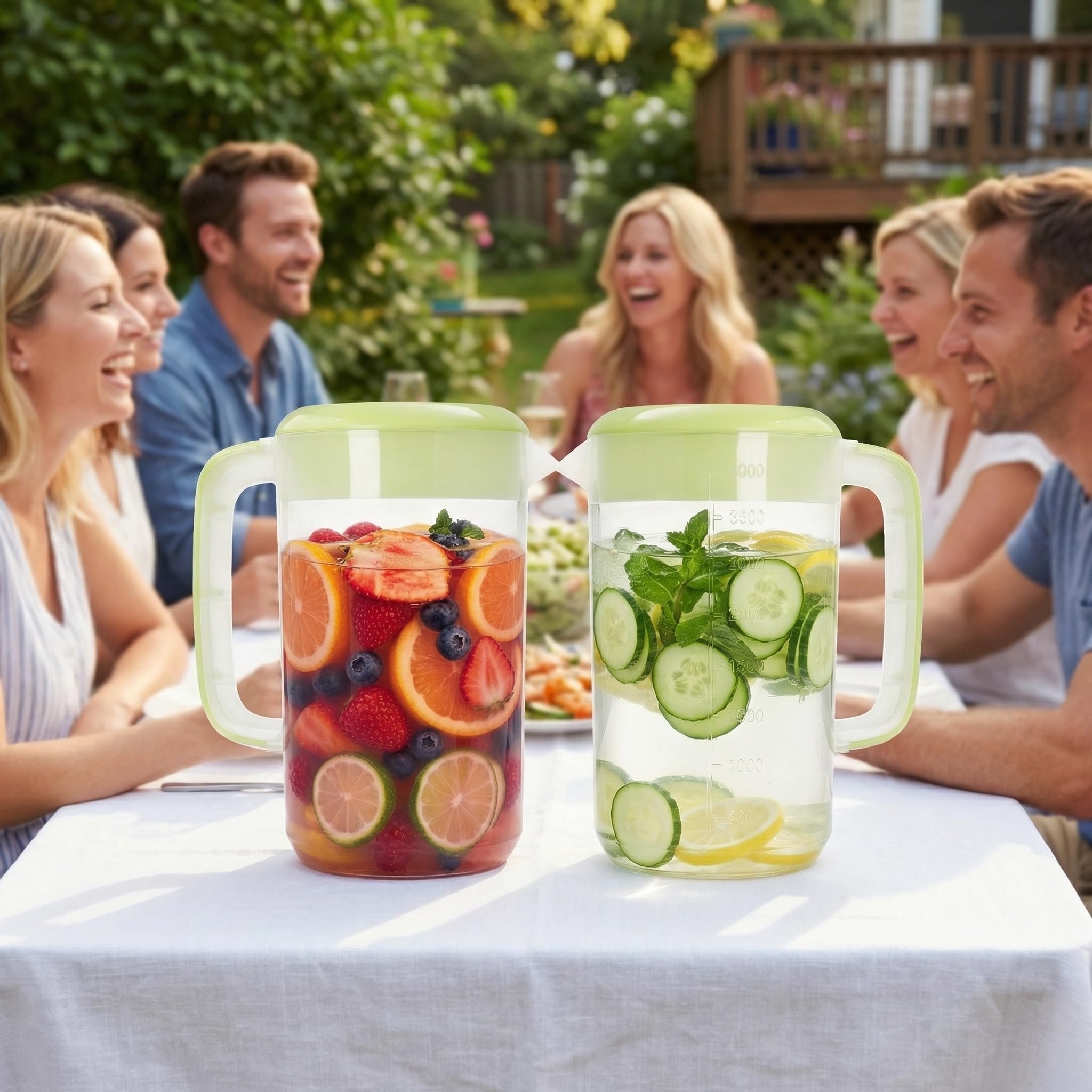 Jucoan 2 Stück 4 l großer Kunststoff-Siebkrug, transparenter Krug für Eistee, Getränke, Wasserkaraffe, Krug mit grünem Siebdeckel, Griffen, Maßen, perfekt für Limonade