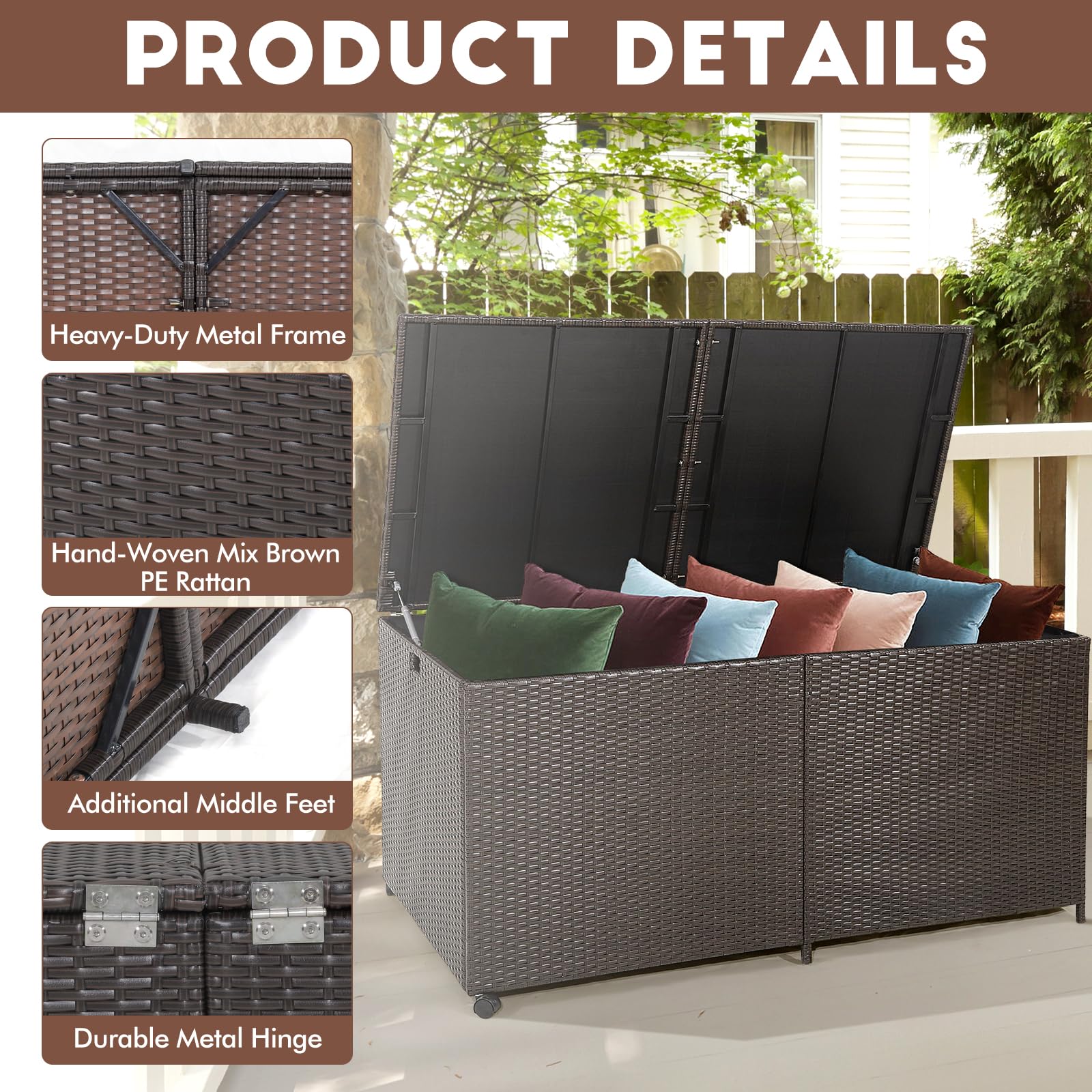 HOMASIS 662L Cassapanca Contenitore da Esterno in PE Rattan, Baule da Esterno con Rivestimento in PU, Panca Contenitore con 2 Ruote per Giardino, 150 x 77 x 73 cm, Marrone