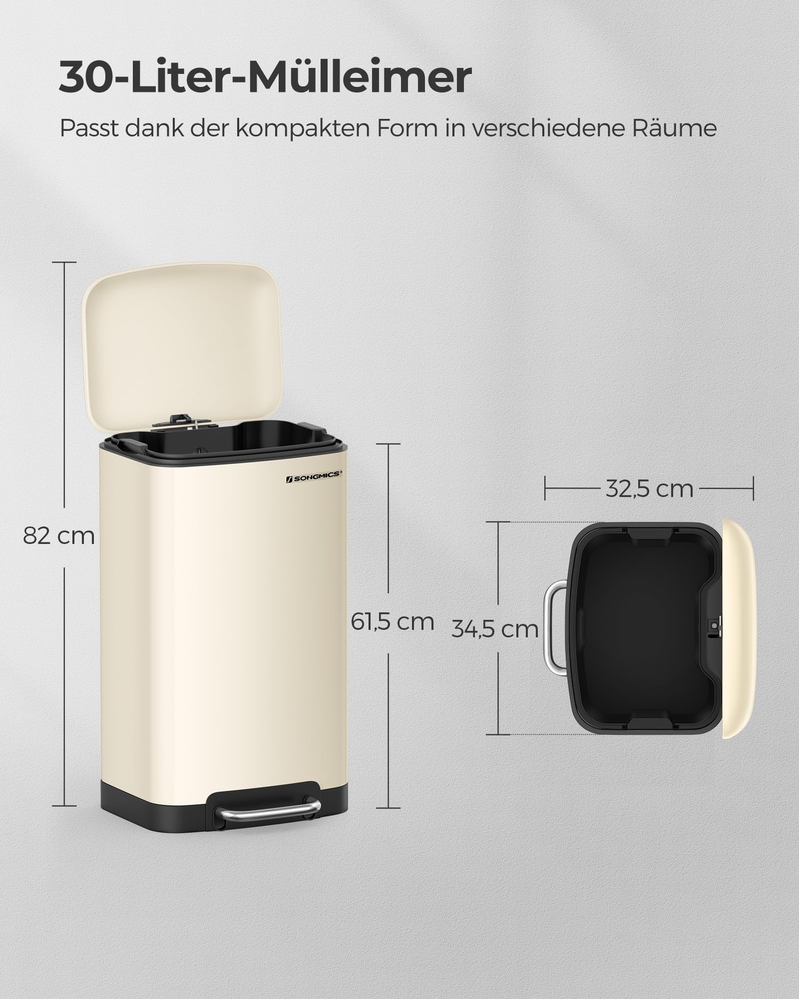 SONGMICS Abfalleimer 30 l Stahl Pedal Küche Wolkenweiß LTB001A01