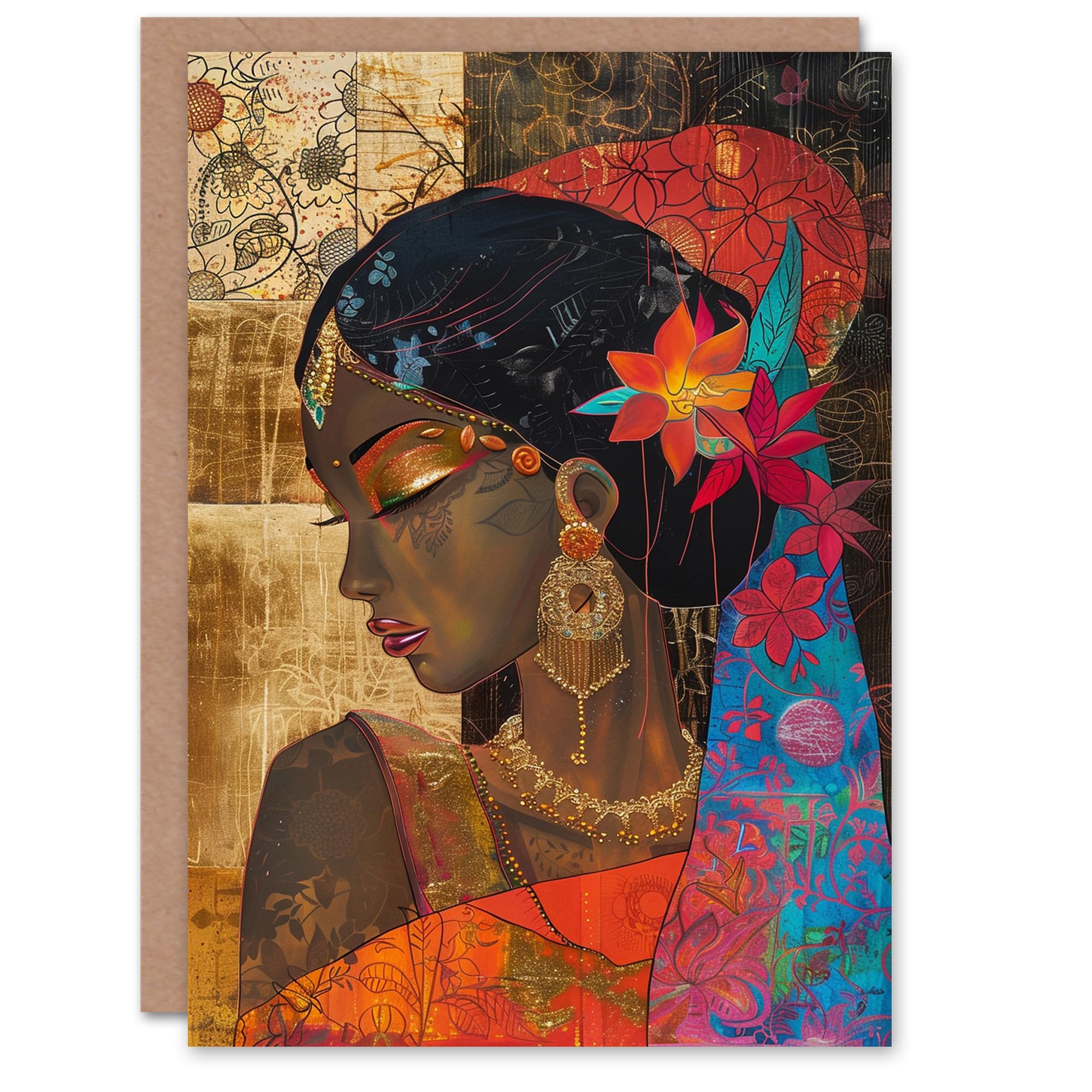 Artery8 Indian Princess Floral Saree Colourful Portrait For Her Woman Birthday Card