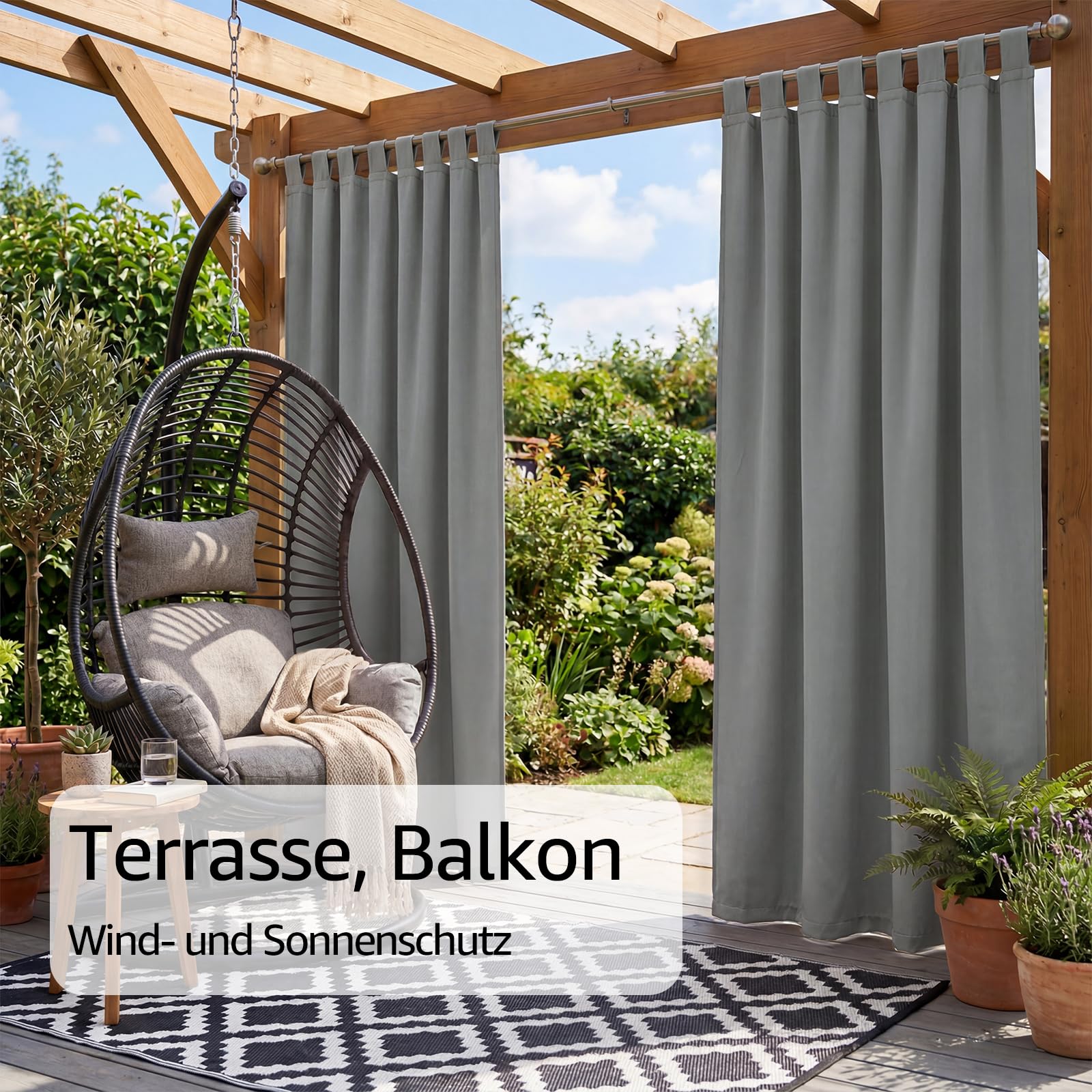 TOPICK Outdoor Vorhang Wetterfest Sonnenschutz Vorhänge mit Schlaufen Blickdicht Wohnzimmer Balkontür Gardine außen Curtains H 245 x B 132 cm 2er Set Wasserabweisend für Balkon Pavillon Hellgrau