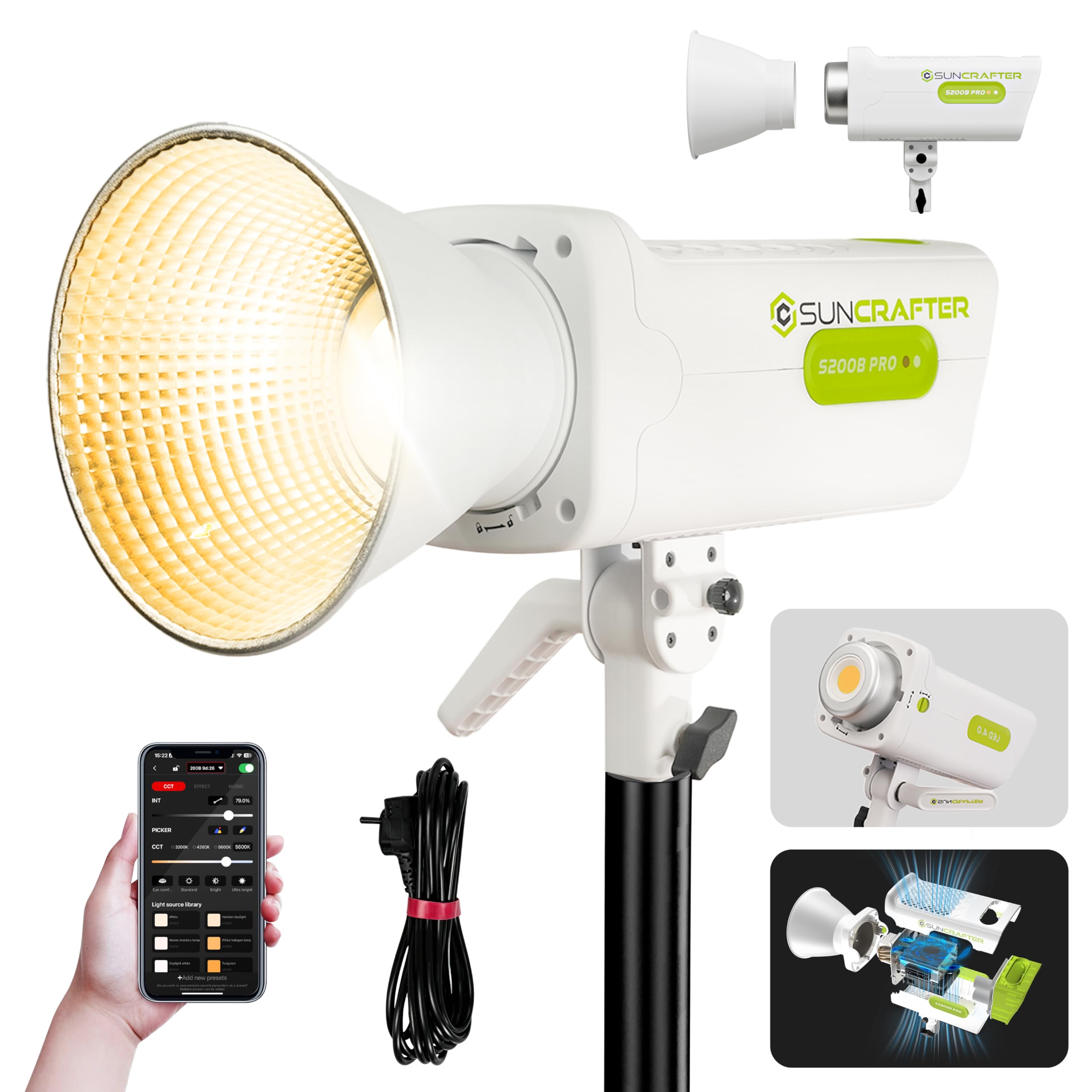 SUNCRAFTER S200BPro 200W COB LED Video Light, 310W Max Bi-Color 2700K-6500K, 39,000 Lux@1m, CRI97+ TLCI99+ for Photography Video YouTube Live