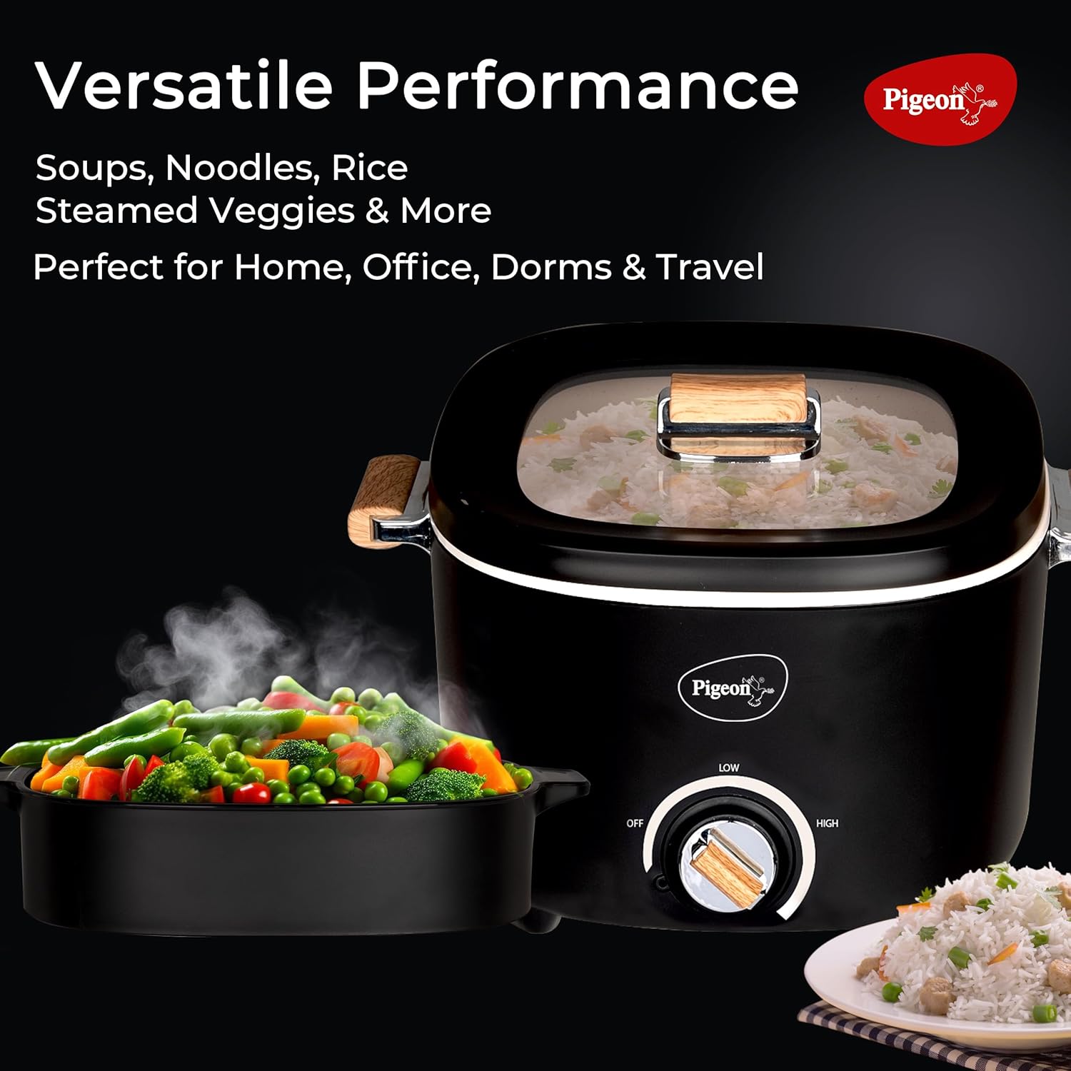 Pigeon Multi-Cook Kettle preparing various dishes like noodles, rice, and steamed vegetables.