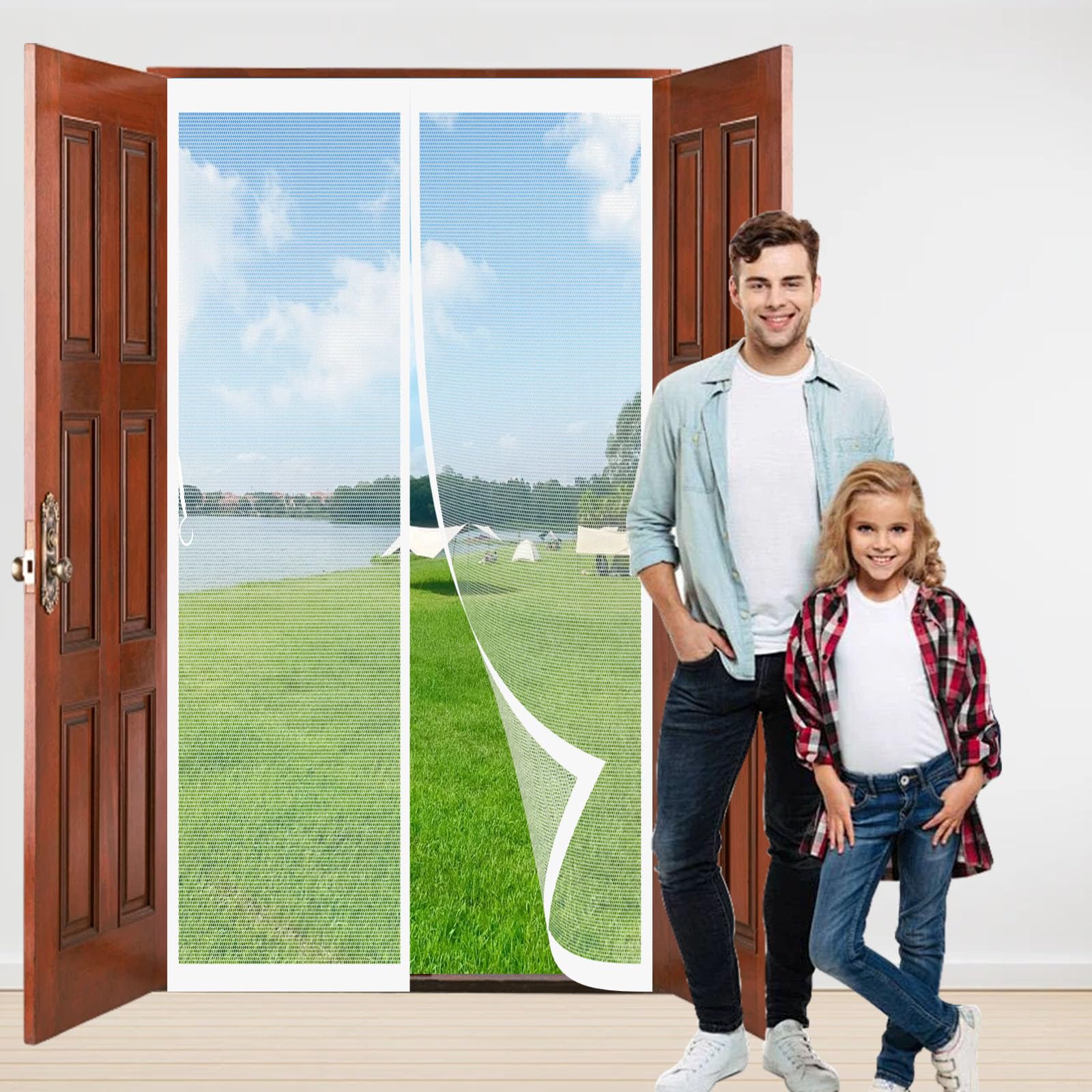 Anjiajie White Magnetic Fly Screen Door 177 X 175 Cm Automatically Closes Door Curtain, Easy To Install Without Drilling Magnetic Flyscreen Net For Living Room Kitchen Patio,