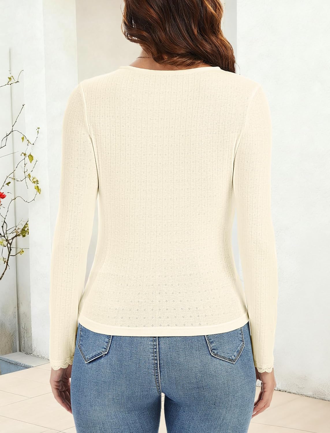 Womens Long Sleeve Lace T-Shirts V Neck Layering Basic Shirts Tops Slim Fit Stretch Undershirts Tee 2025 - Image 3