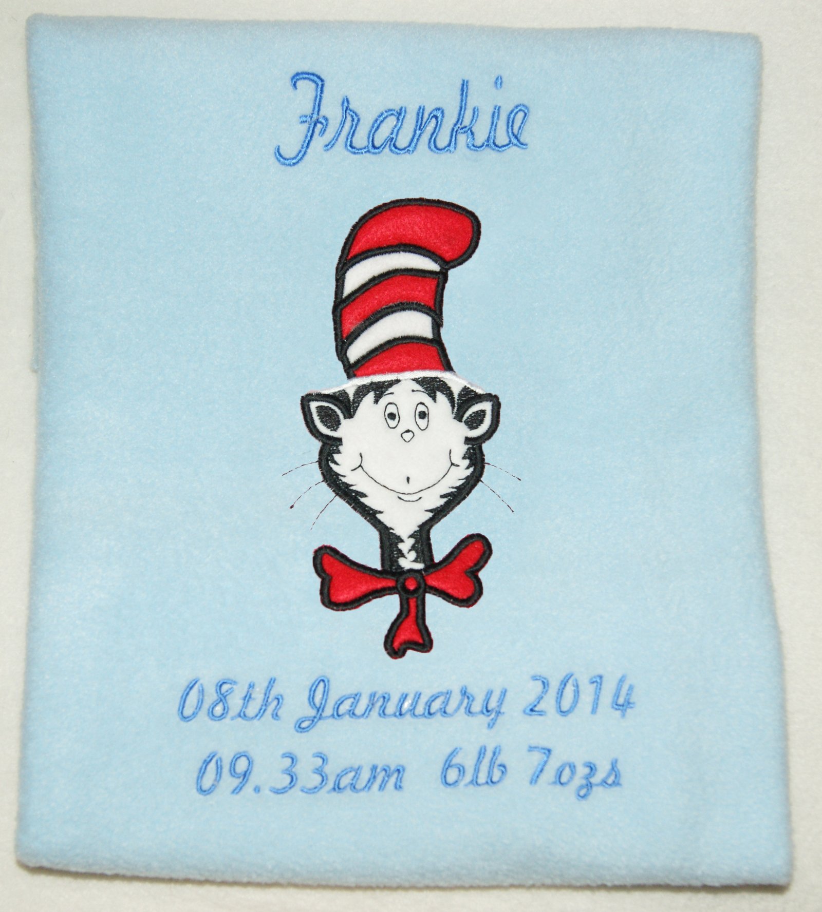 Cat in A Hat Personalised Applique Super Soft Fleece Blanket (Blue)