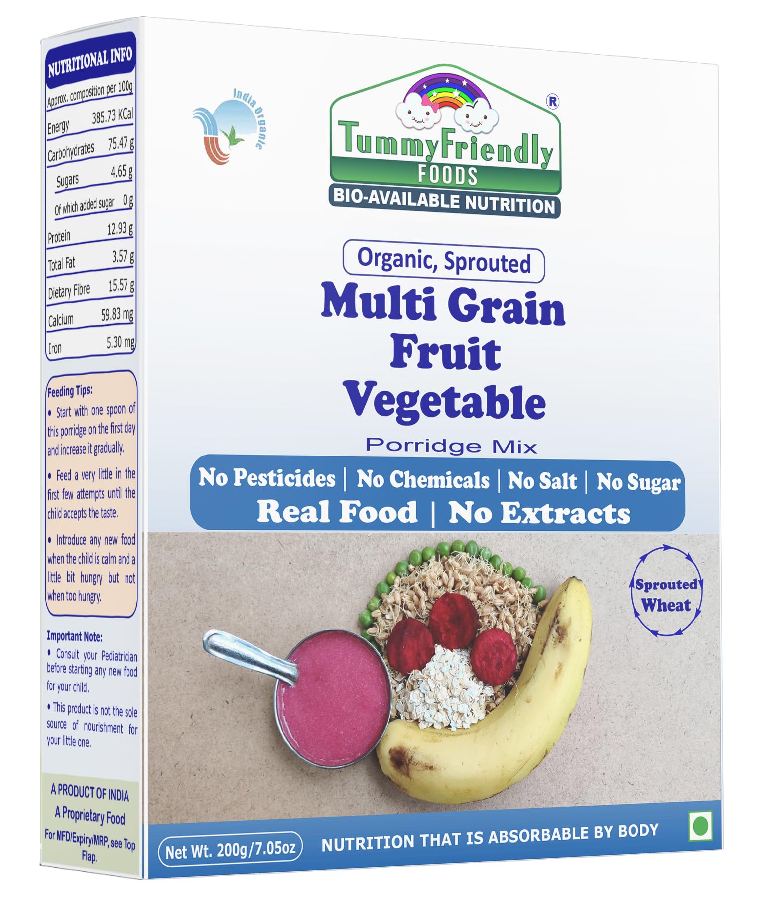 TummyFriendly Foods Certified Organic Sprouted MultiGrain Fruit Vegetable Porridge Mix | No Sugar No Salt No Milk No Pesticides | Shelf-life 8 month | 200g - 1 Pack
