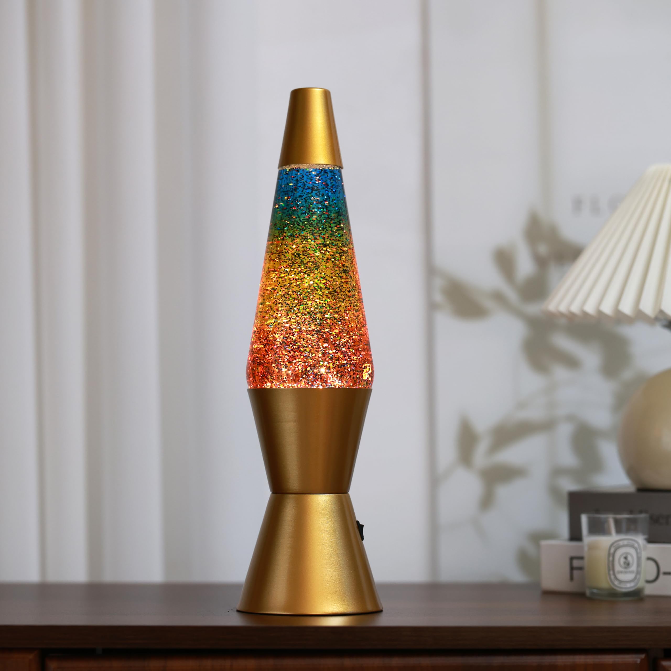 I-TOTAL® - LED-Lavalampe – Modernes Design mit fließendem Blaseneffekt, geringer Energieverbrauch, integriertes LED-Licht, 37 cm (Goldener Sockel, Regenbogen-Glitzer)