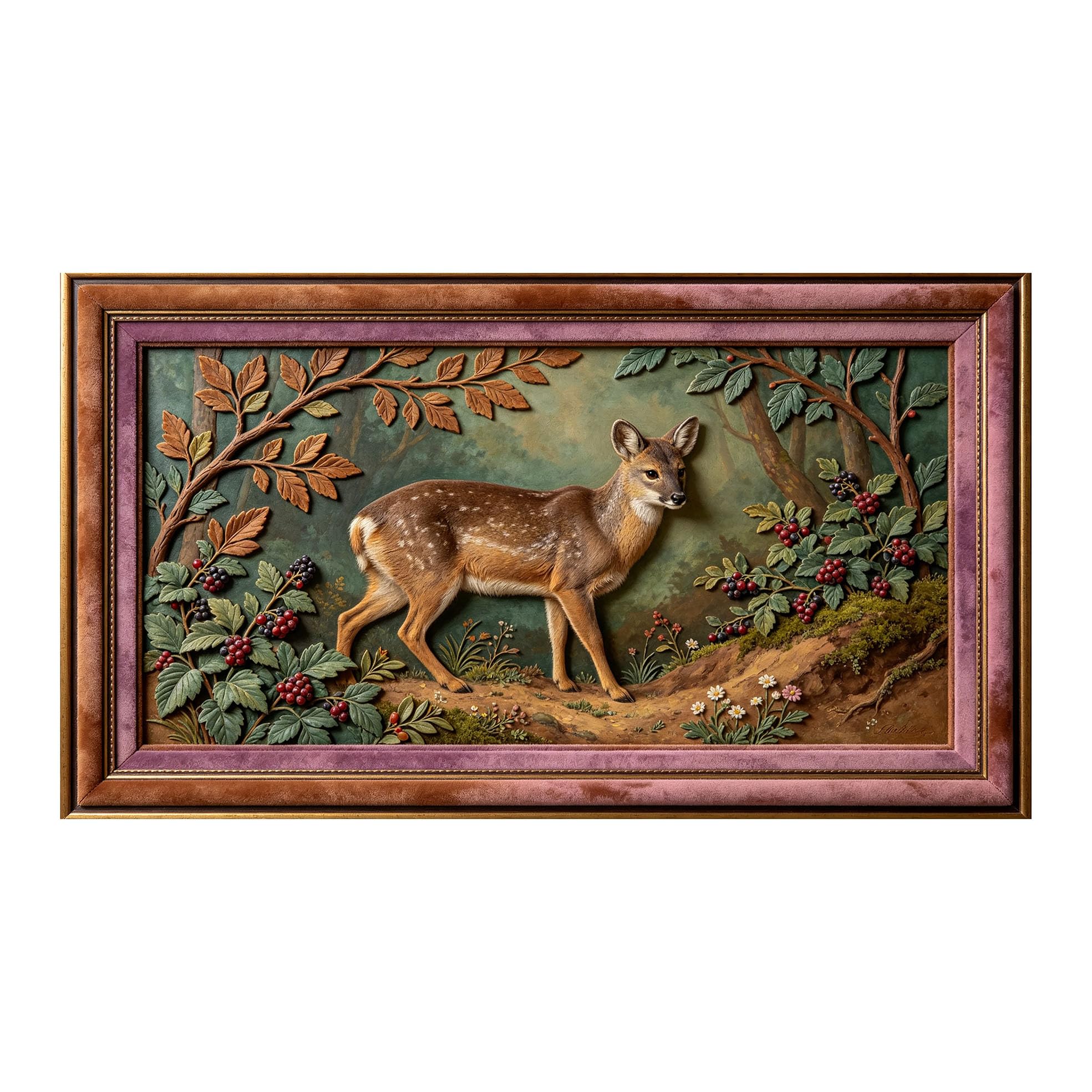 Murasolite 3D Framed Wall Art Forest Deer Pastoral Relief Effect SelfAdhesive Fabric Mural Wall Decor， Peel and Stick No Damage to Wall， AntiFall Safe Design for Bedroom Living Room