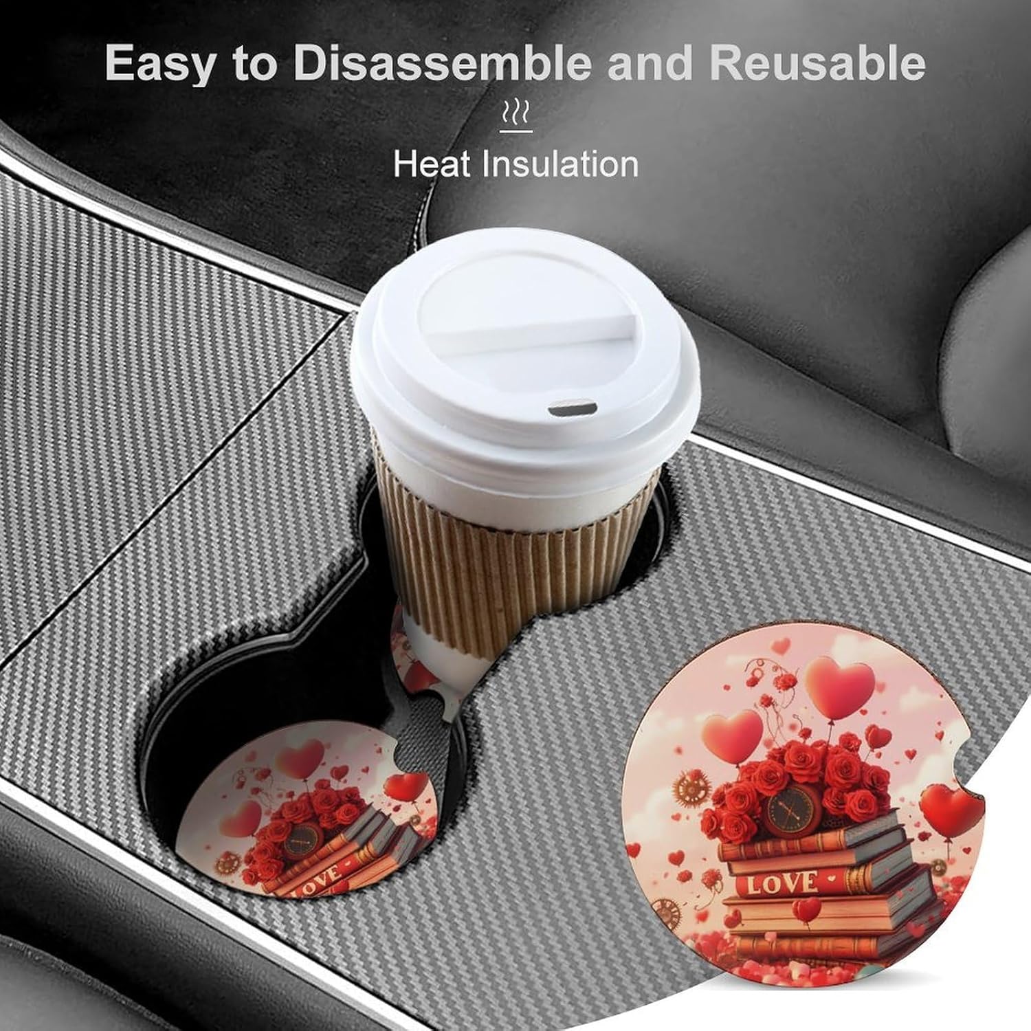 Valentines Love Books Roses Ballons Cute Car Coasters 2.56 Inch Absorbent Cup Holder for Drinks Auto Interior Accessories