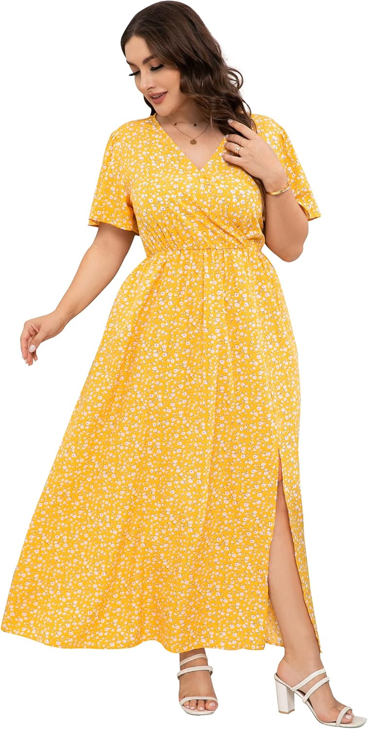 KOJOOIN Womens Kojooin Women Plus Size Wrap Maxi Dress Short Flutter Sleeves Empire Waist Side Split a Line Casual Dress