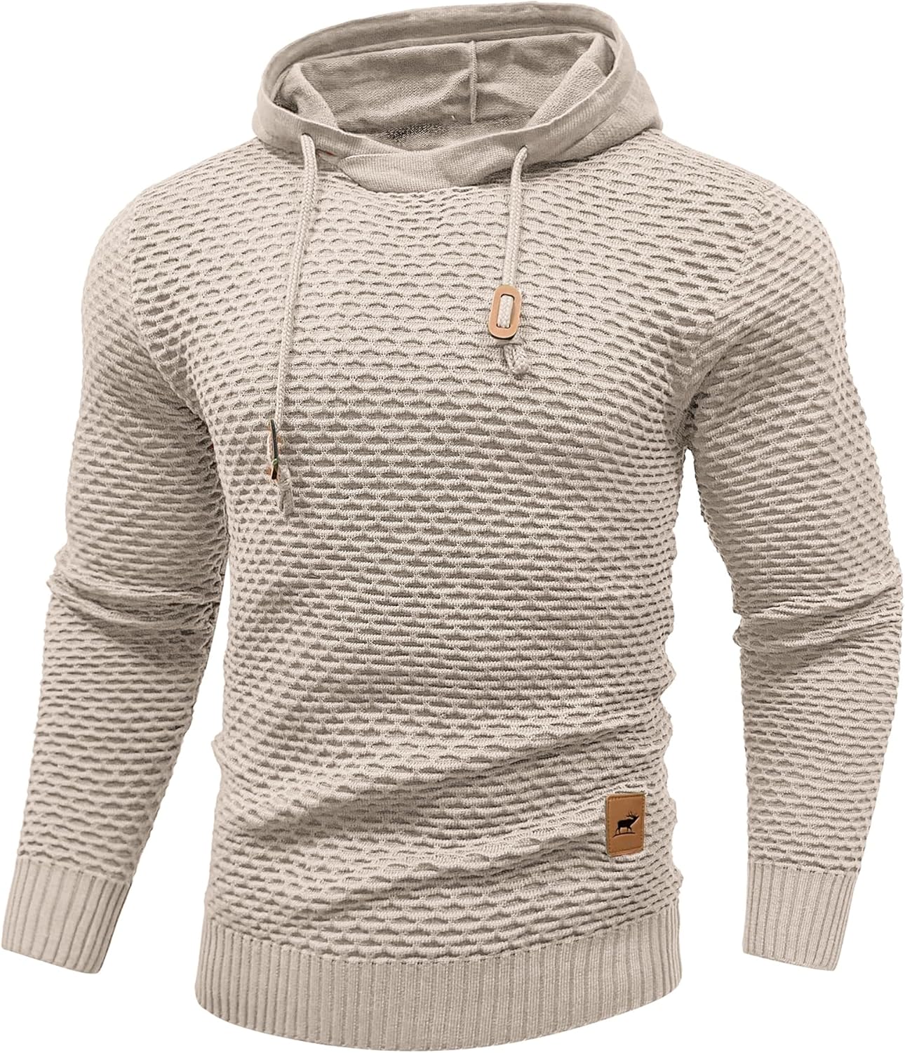 HYPESTFIT Men's Form Fitting Knit Pullover Sweater Hoodie Drawstring Hooded Sweatshirt X-Large Khaki