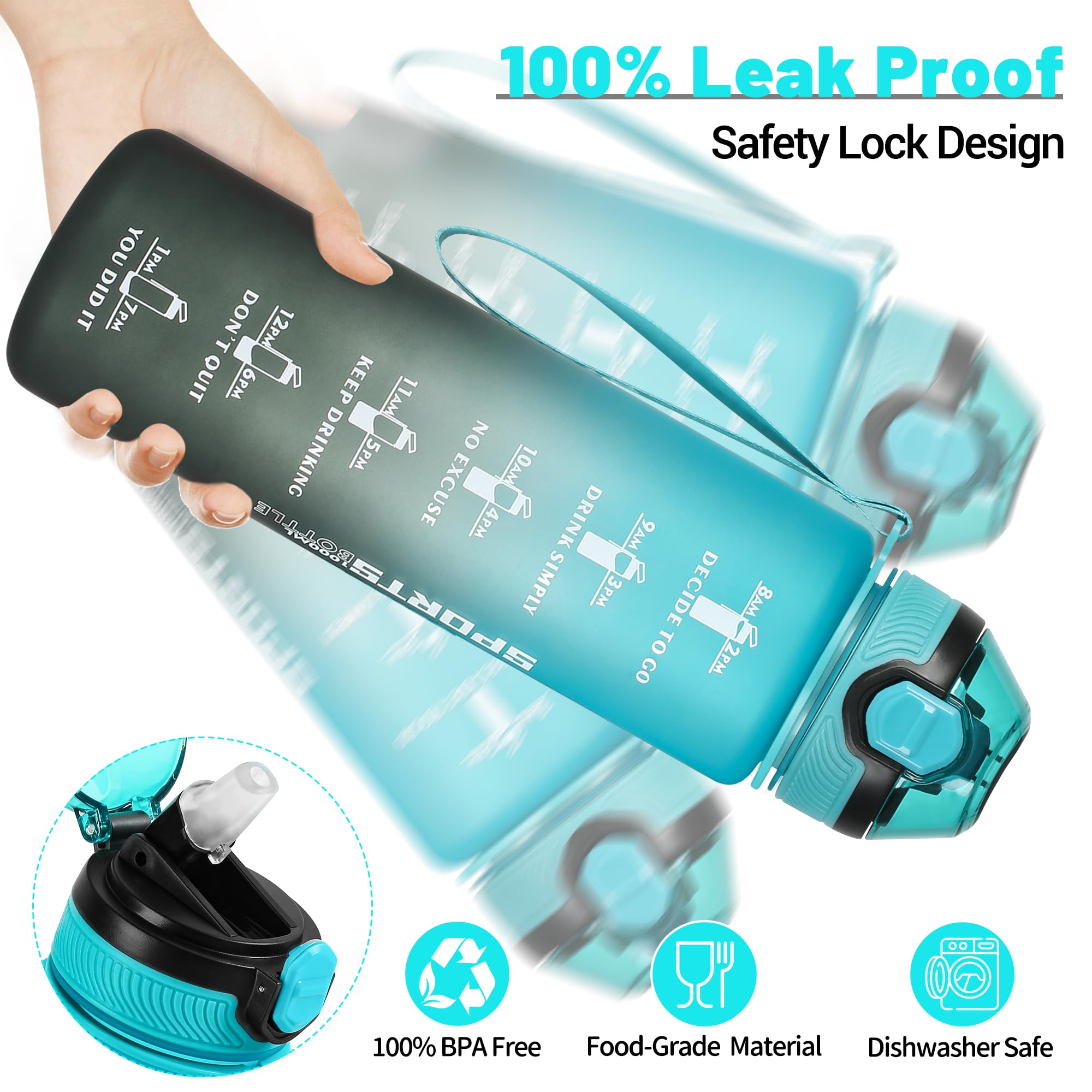 DUNSOO Borraccia 1L, Borraccia con Cannuccia con Del Tempo Motivazionale, Borraccia Sportiva, Tritan Senza BPA Bottiglia Acqua, con Spazzola per la Pulizia per Palestra, Yoga - Verde