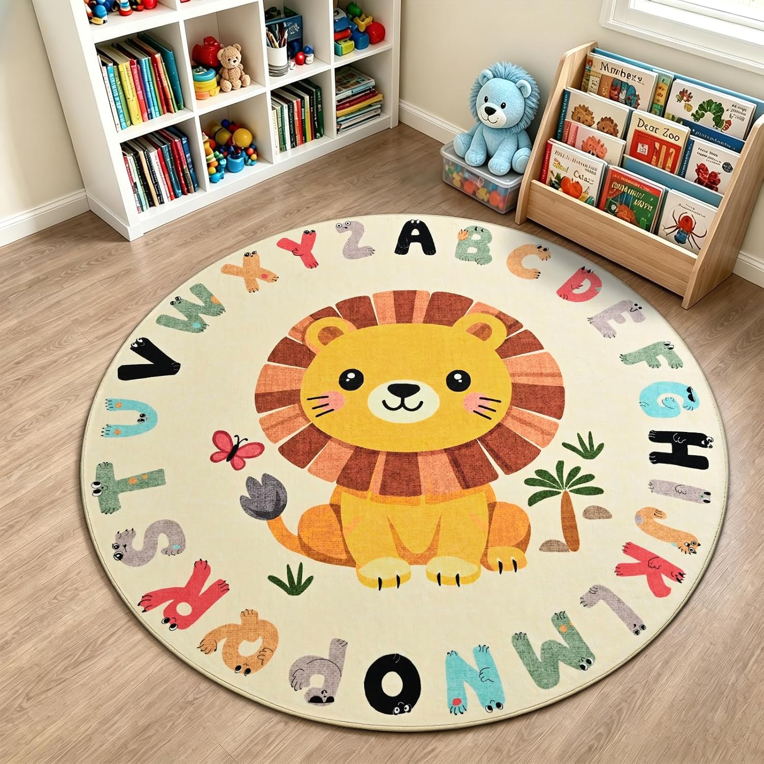 TWINNIS Kids Animal Print Round Rug for Playroom, Alphabet Washable Area Rugs for Boy Girl Baby Toddler Children, 4x4 Cute ABC Mat Play Carpet Nursery Bedroom Decor, Lion