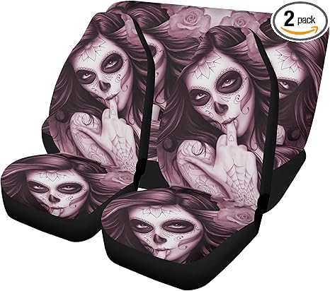 Dia de Los Muertos Sugar Skull Car Seat Covers Glitter Car Mats Mexican Candy Skull Universal Car Seat Cover, Cute Festival Car Mat, Boho Auto Interior Protection (2pcs Front mats)