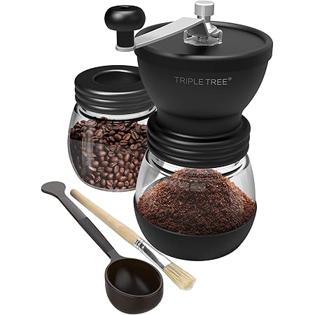 Manual Coffee Grinder with Ceramic Burrs, Hand Coffee Mill with Two Glass Jars(11oz each), Brush and 2 Tablespoon Scoop