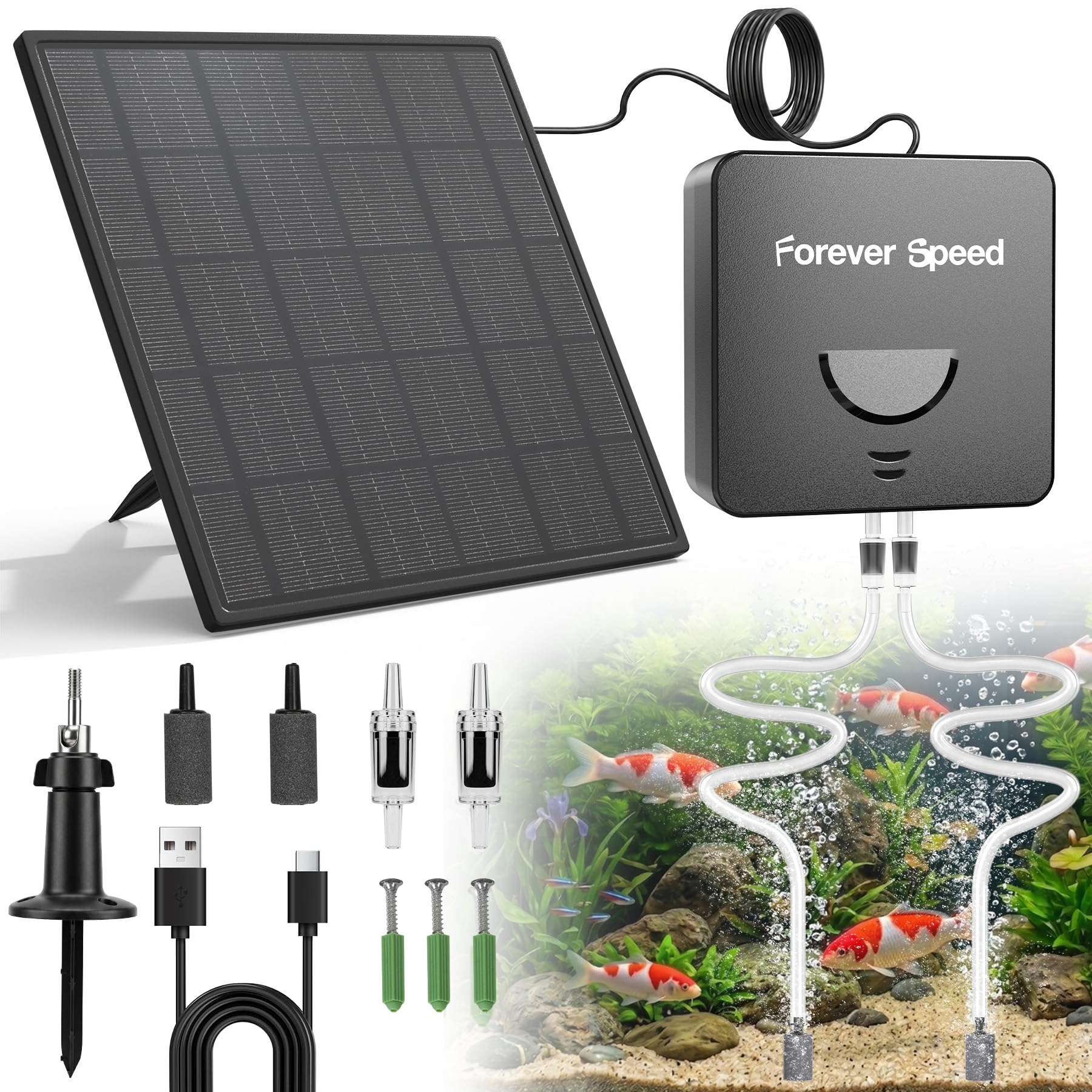 Forever Speed 6W Aeratore Solare per Laghetto con Ricaricabile Batteria 4400mAh, Silenzioso Solare Pompa di Ossigeno per Piccoli Laghetti, Acquari Doppia Ricarica Solare USB