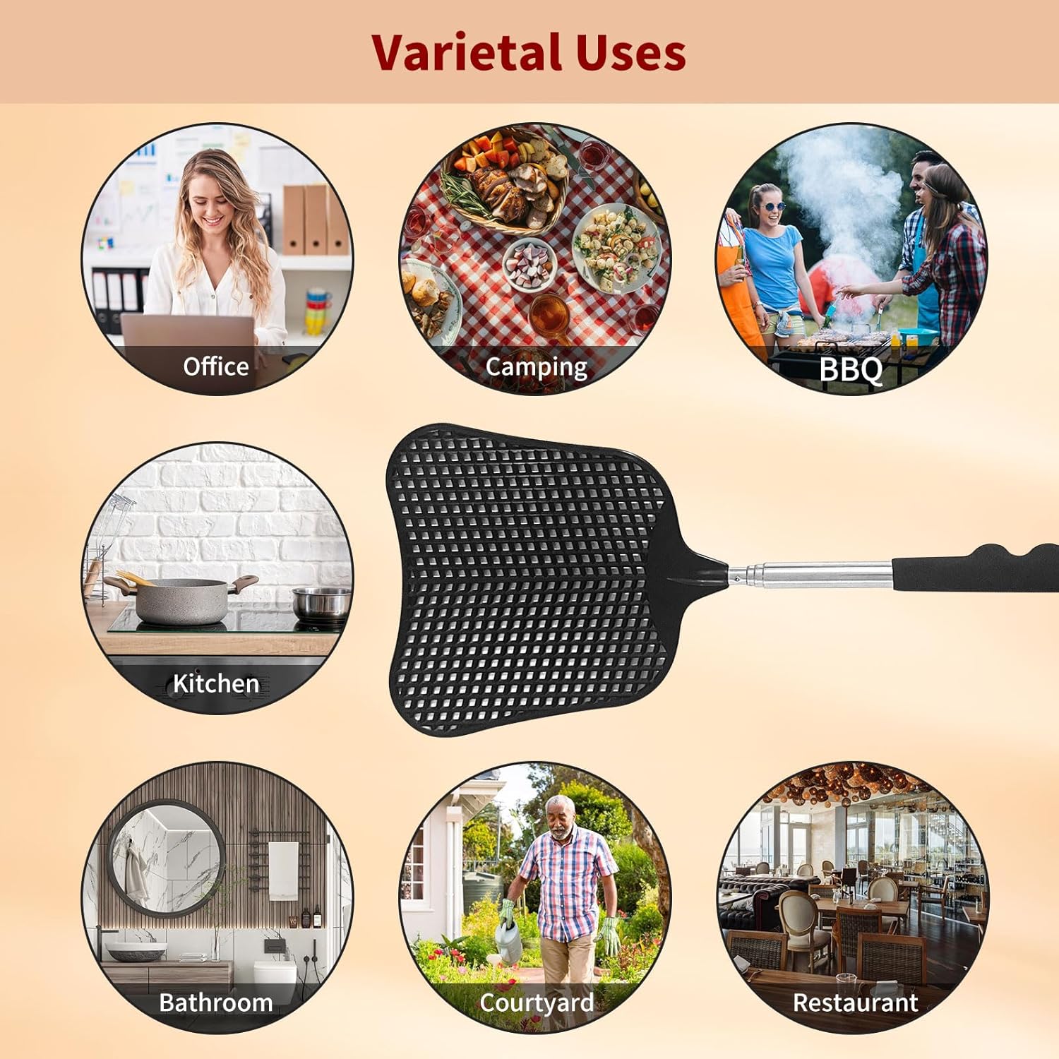 Fly Swatters 2 Pack, Durable Telescopic Stainless Steel Handle, Heavy Duty Black Bug Zapper Racket, Upgraded Plastic Fly Swatter Set for Indoor Outdoor Home Hiking Camping Garden